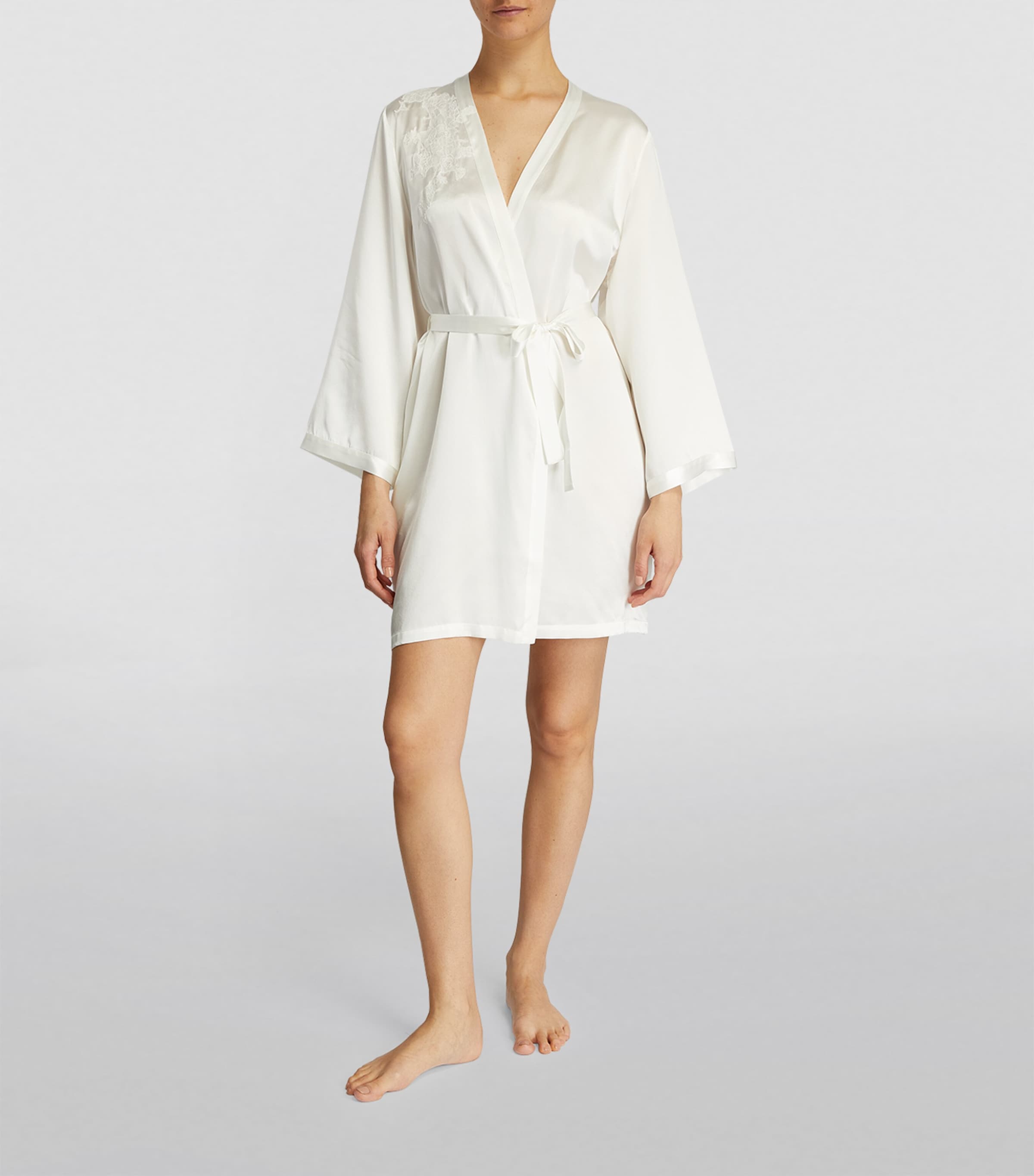 Marjolaine Ivory Silk Lace-Trim Robe