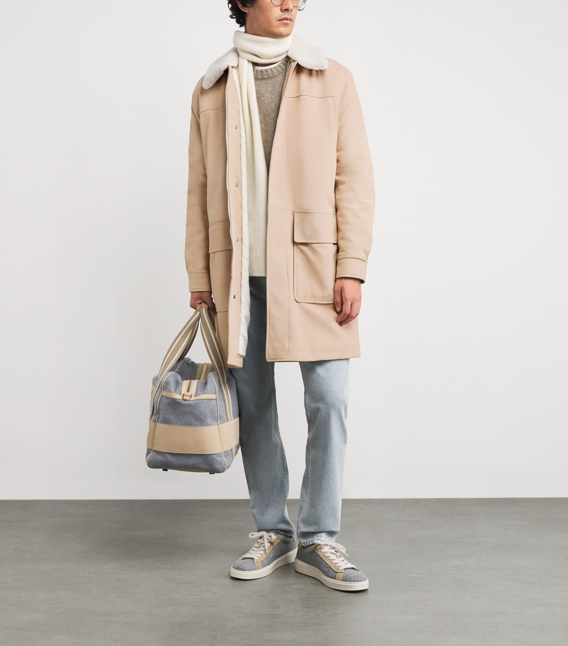 Eleventy Beige Nubuck Leather Shearling-Collar Parka