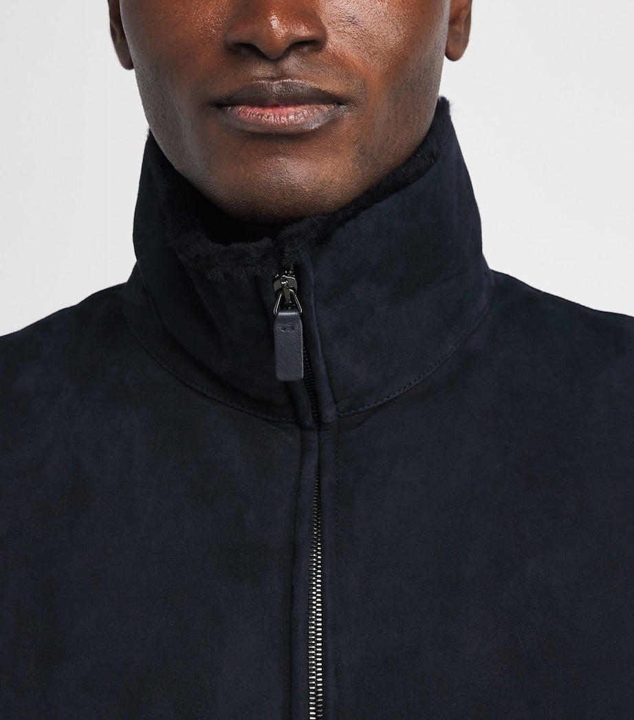 Emporio Armani Blue Suede Funnel-Neck Sweatshirt