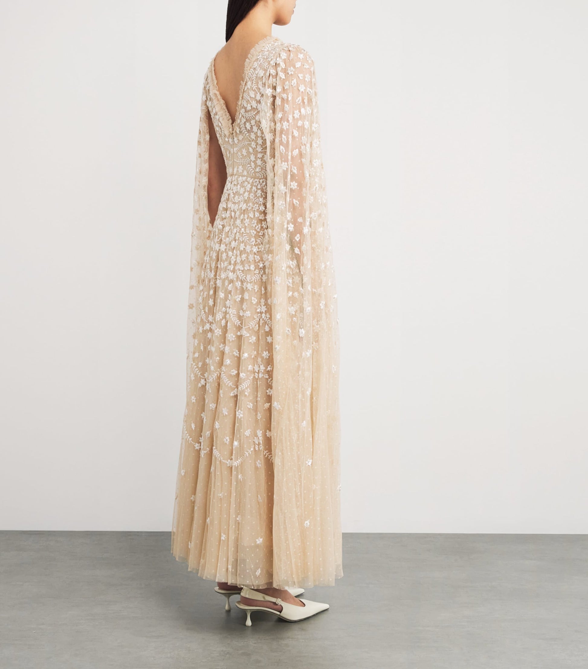 Beige Cape-Detail Clover Maxi Dress