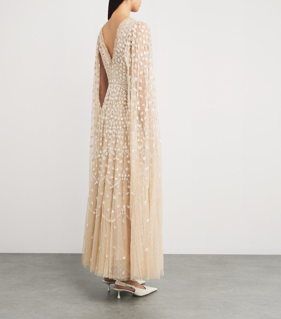 Needle & Thread Beige Cape-Detail Clover Maxi Dress