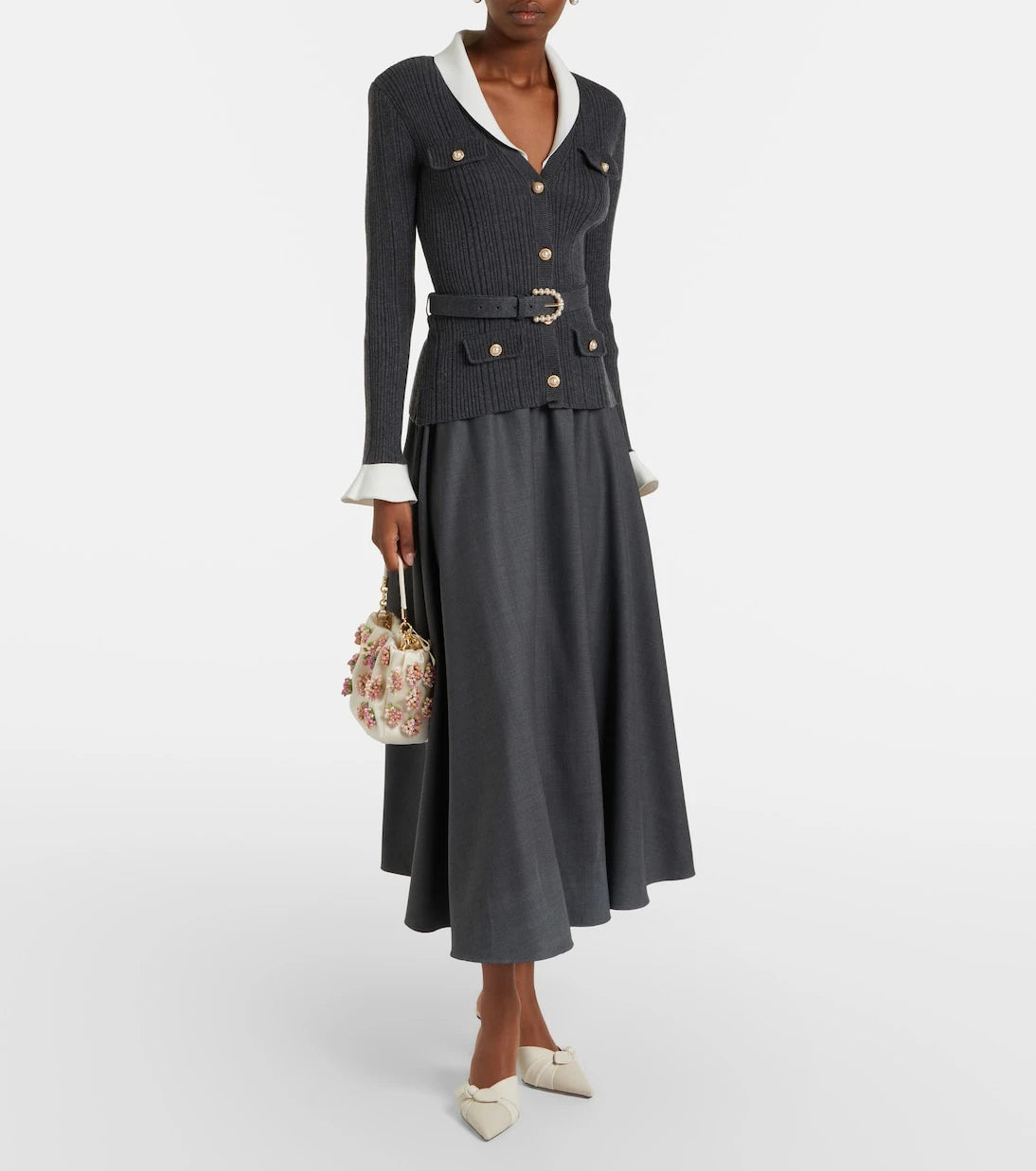 Self-Portrait - Belted ribbed-knit midi dress
