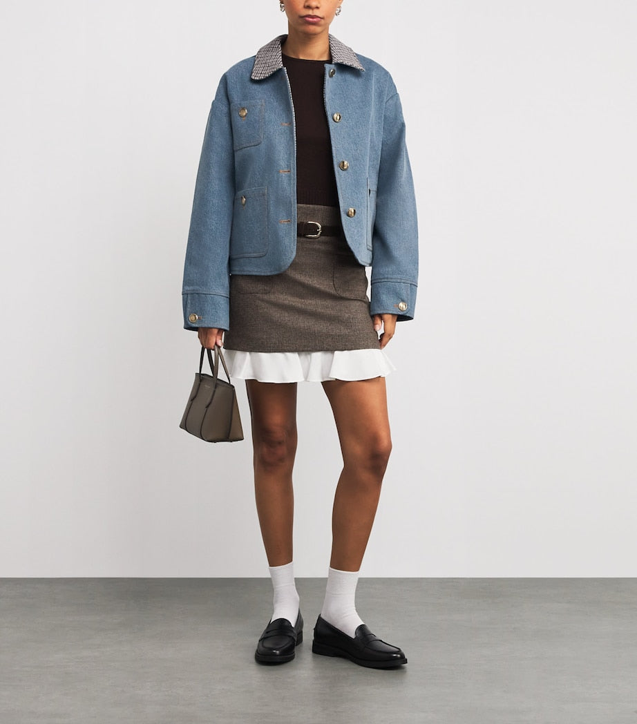 Sandro Paris Blue Denim Check-Trim Jacket