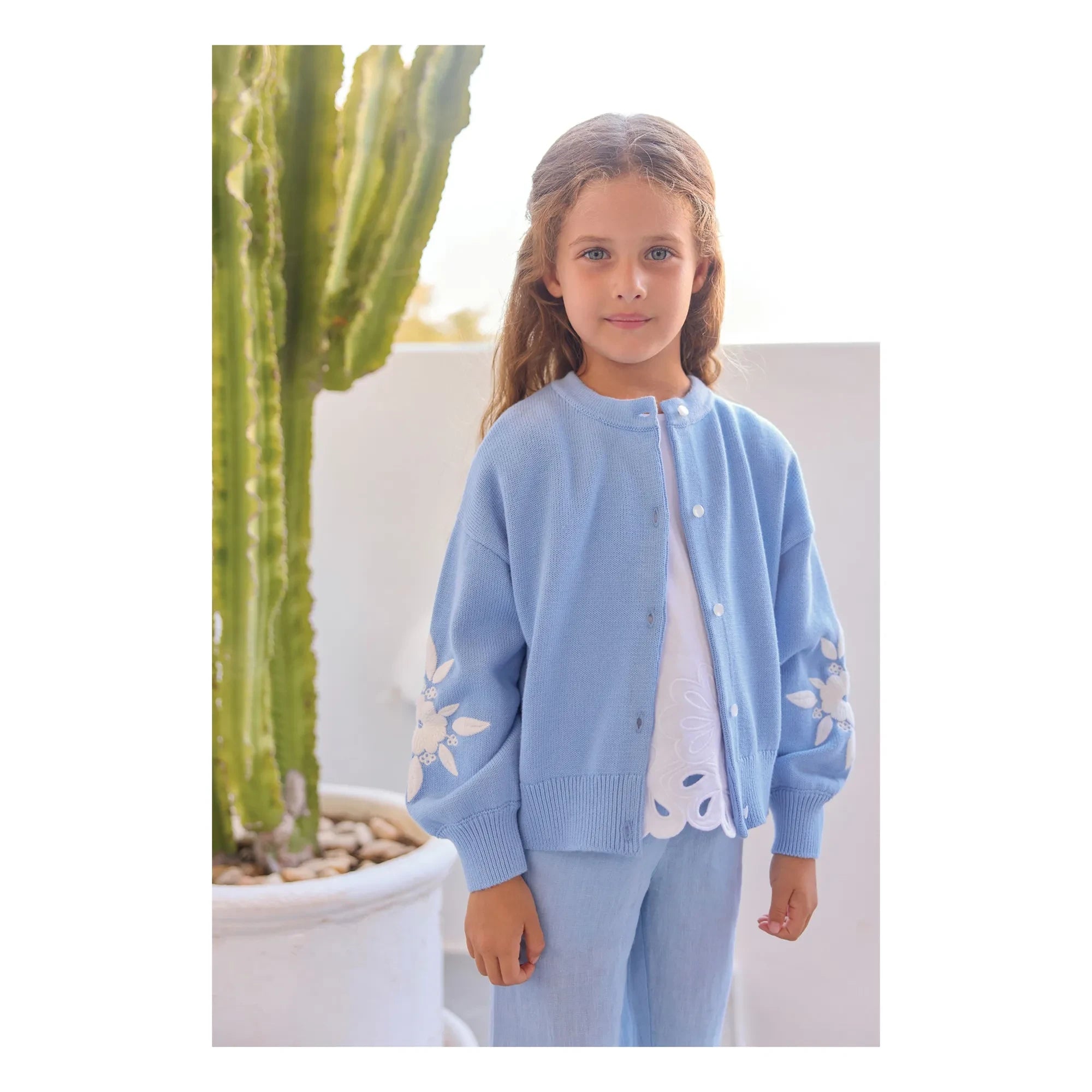 Tartine et Chocolat - Flower Embroidered Cardigan | Azure blue