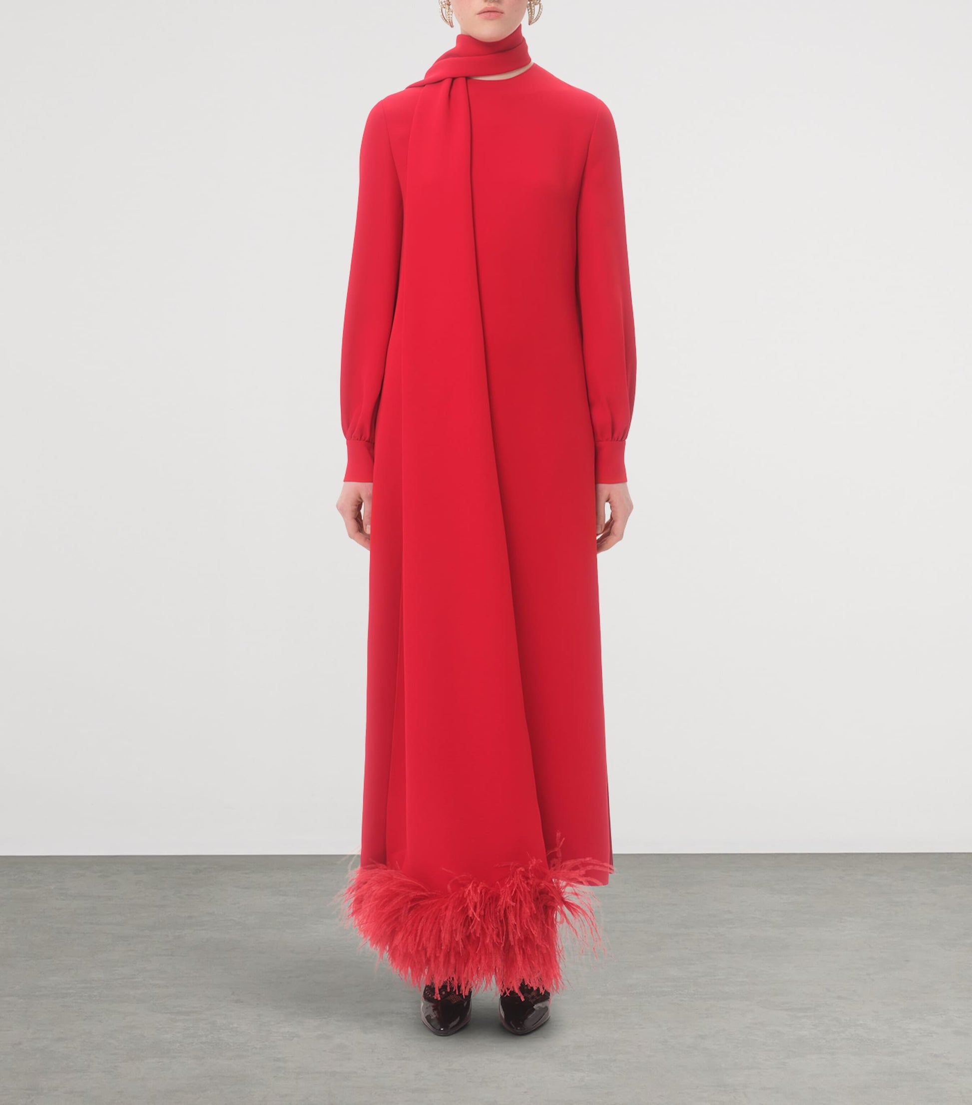 Valentino Red Silk Feather-Trim Maxi Dress