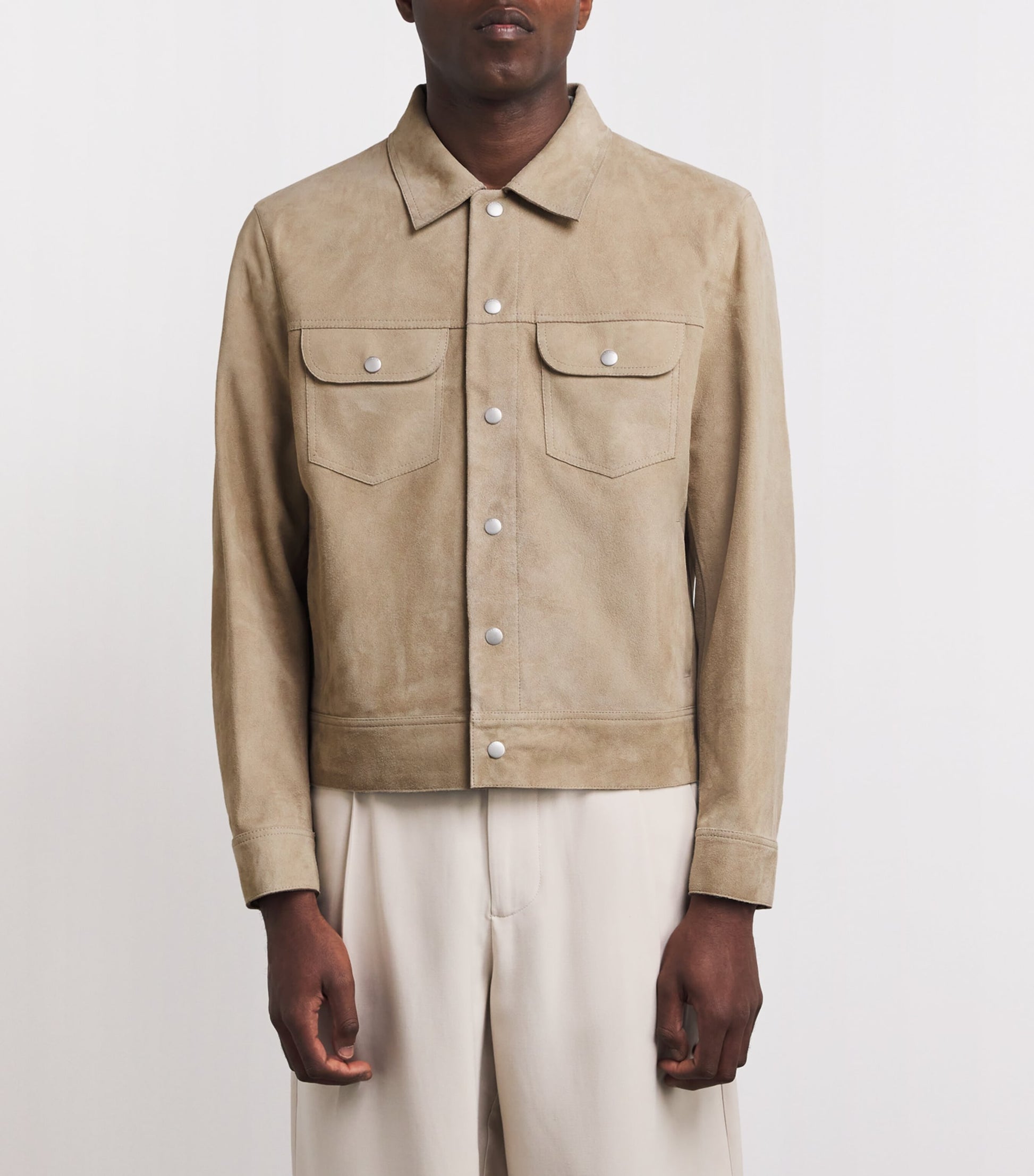 Beige Suede Trucker Shirt Jacket