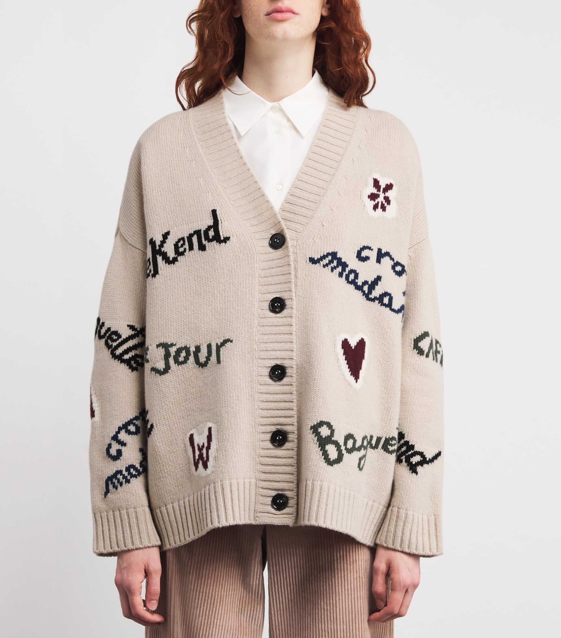 White Virgin Wool Intarsia Cardigan