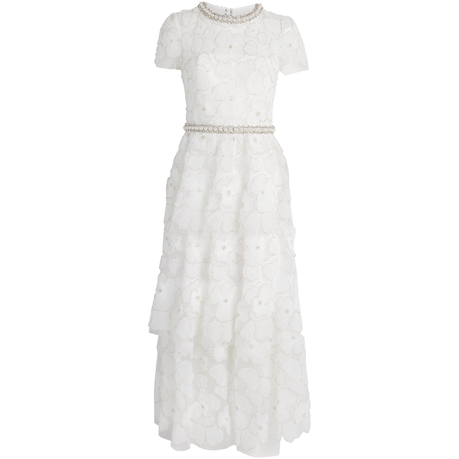 Self-Portrait White Tulle Embellished Tiered Midi Dress
