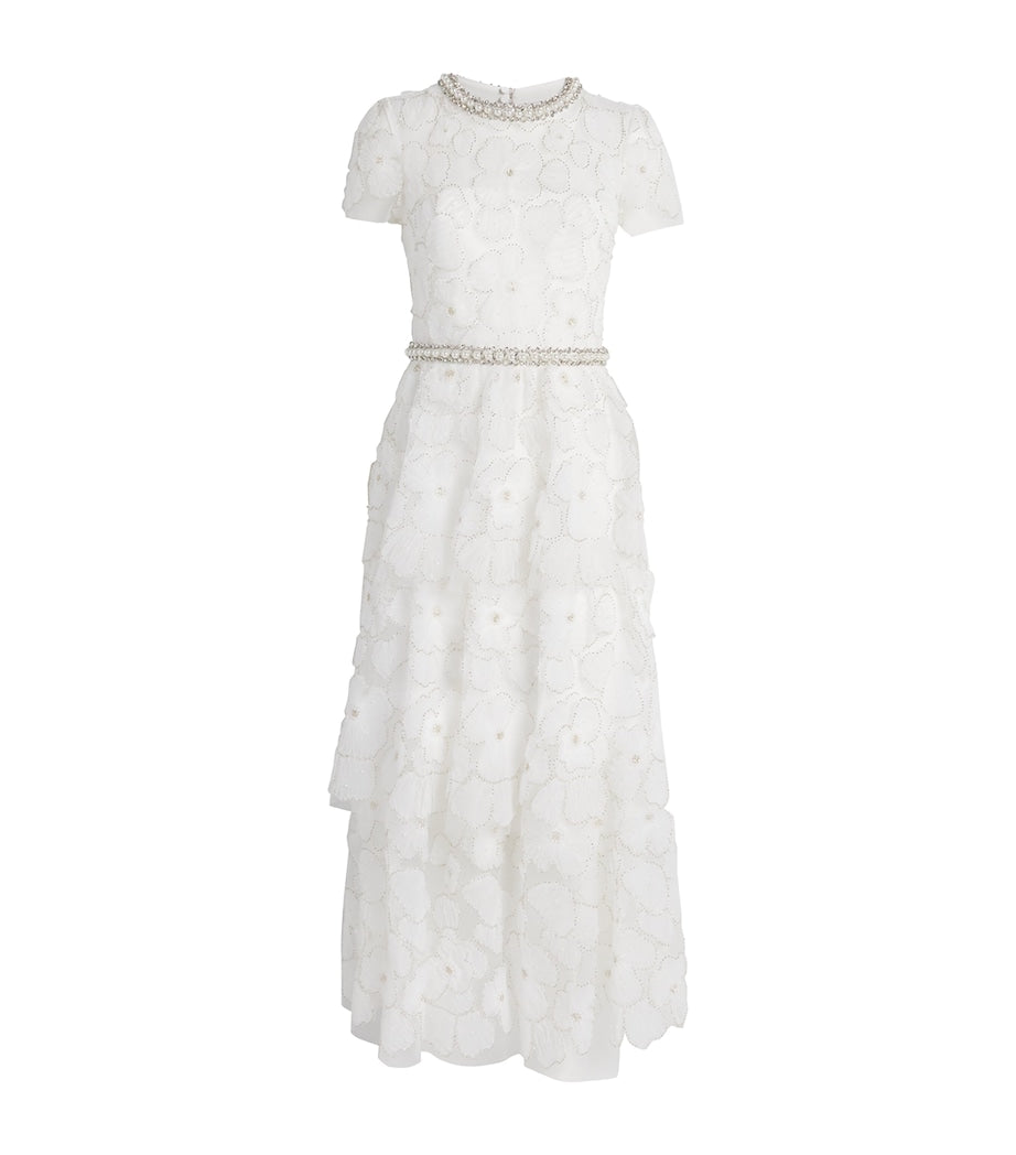 Self-Portrait White Tulle Embellished Tiered Midi Dress
