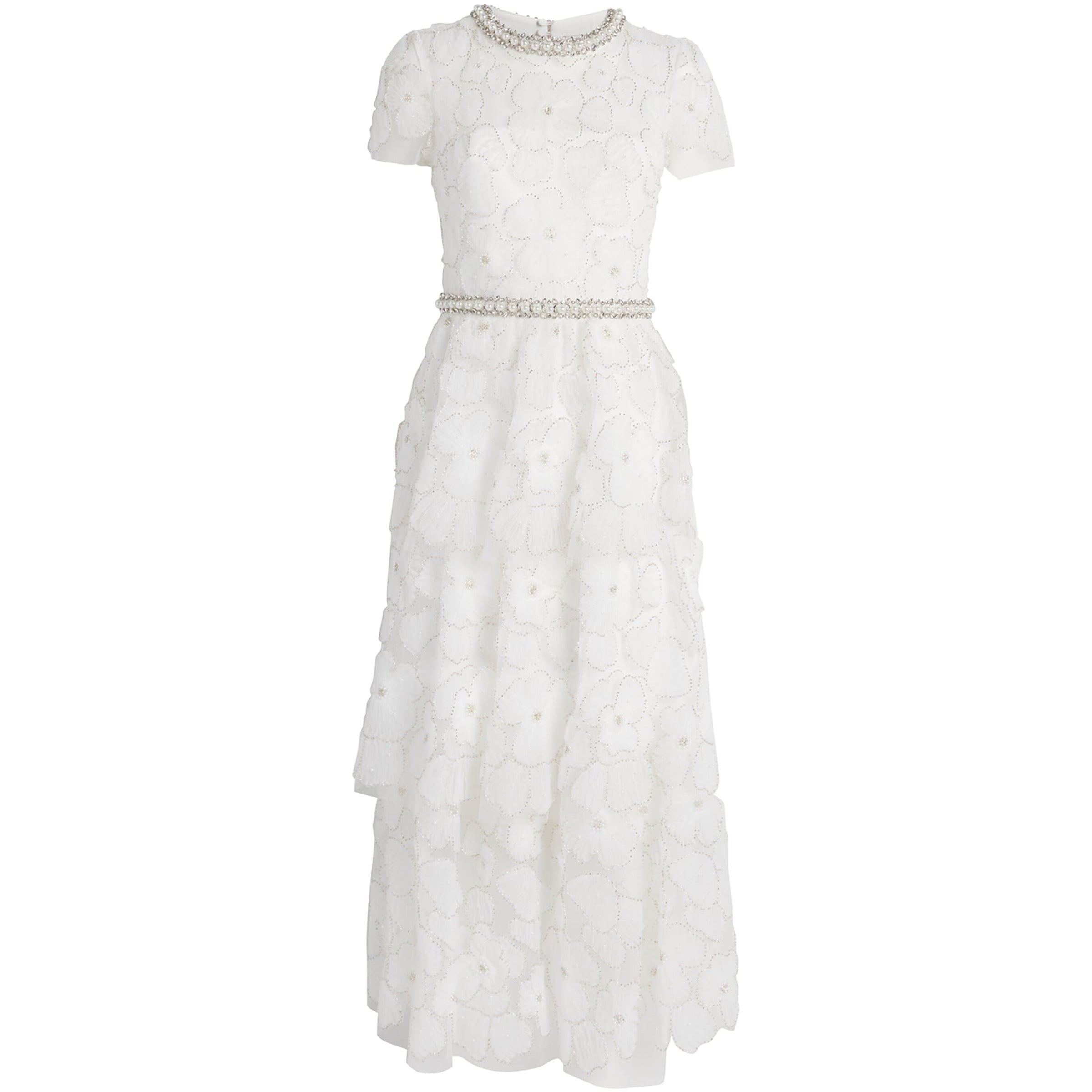 Self-Portrait White Tulle Embellished Tiered Midi Dress