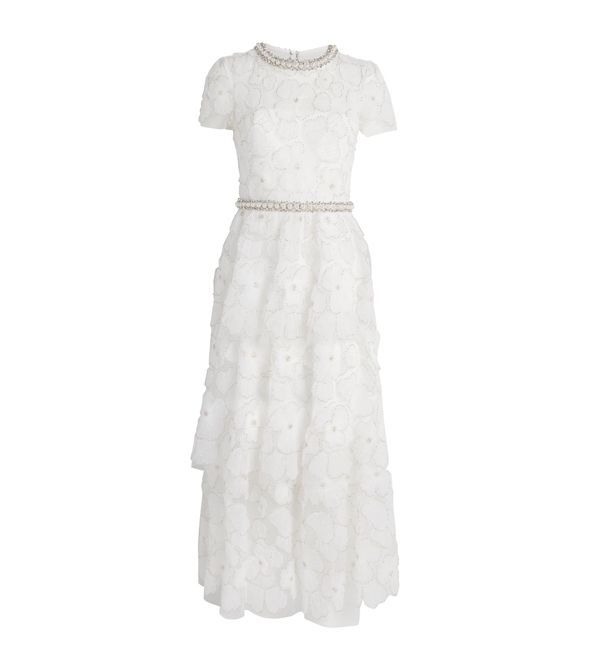 Self-Portrait White Tulle Embellished Tiered Midi Dress
