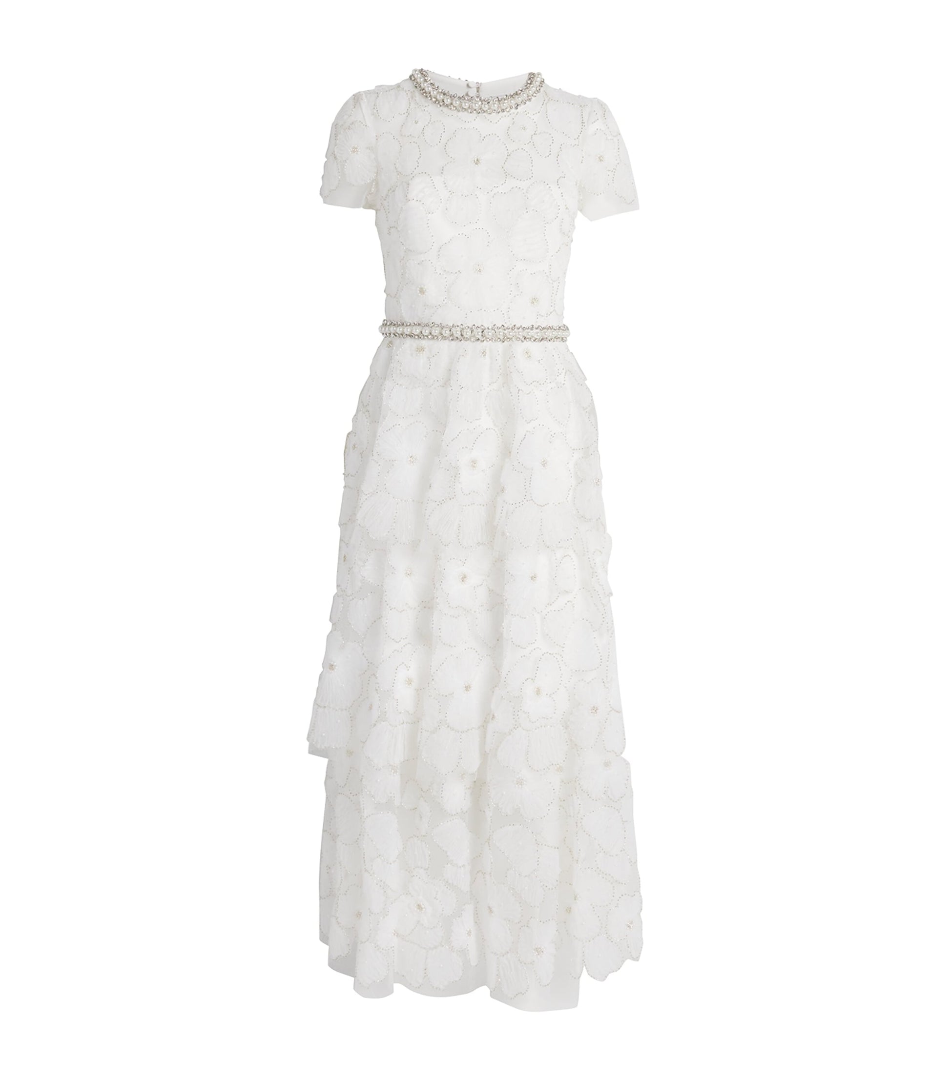Self-Portrait White Tulle Embellished Tiered Midi Dress
