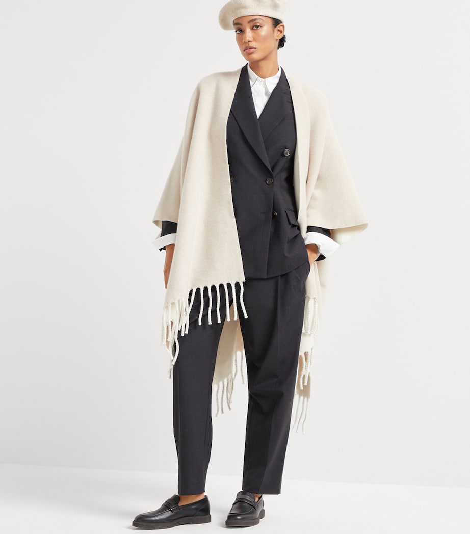 Brunello Cucinelli White Wool-Cashmere Reversible Poncho