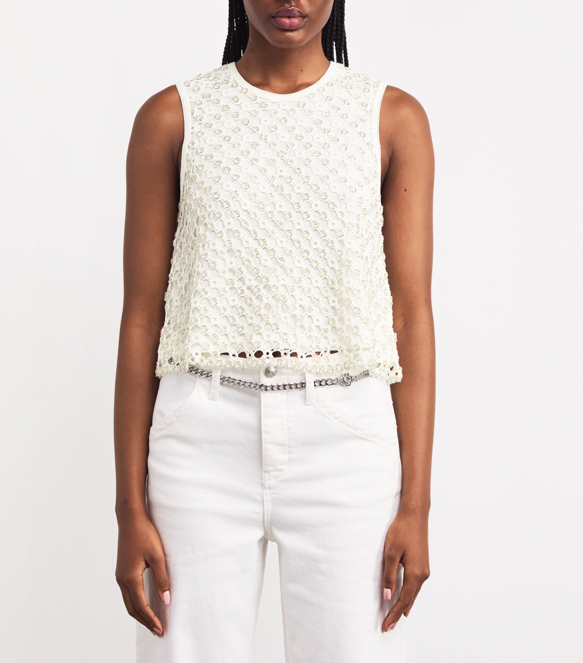 Maje White Crochet Beaded Top