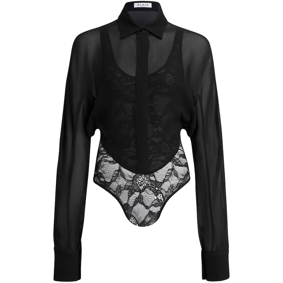 Alaïa Black Georgette Shirt Bodysuit