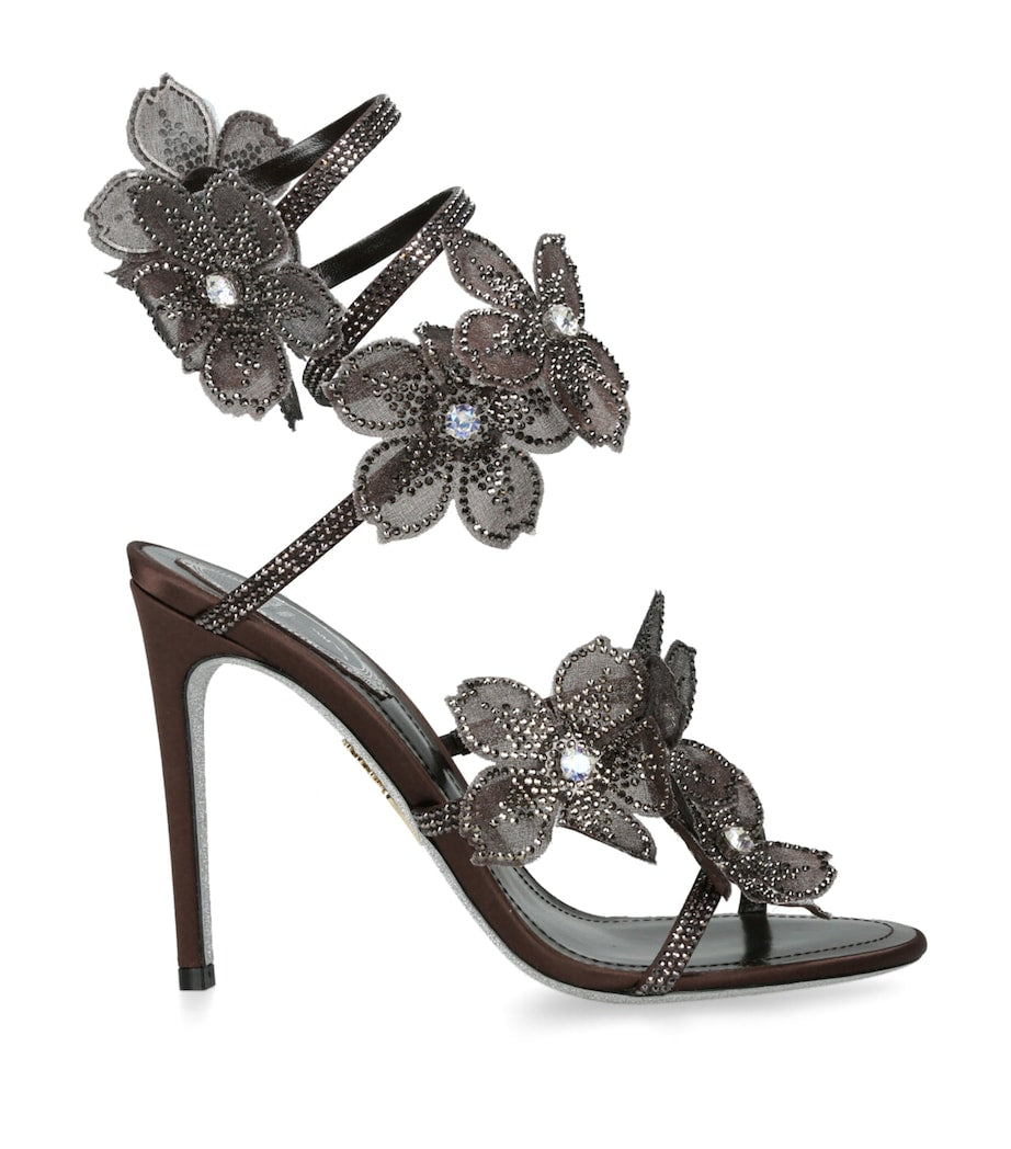 René Caovilla Brown Satin Floral Cleo Sandals 105