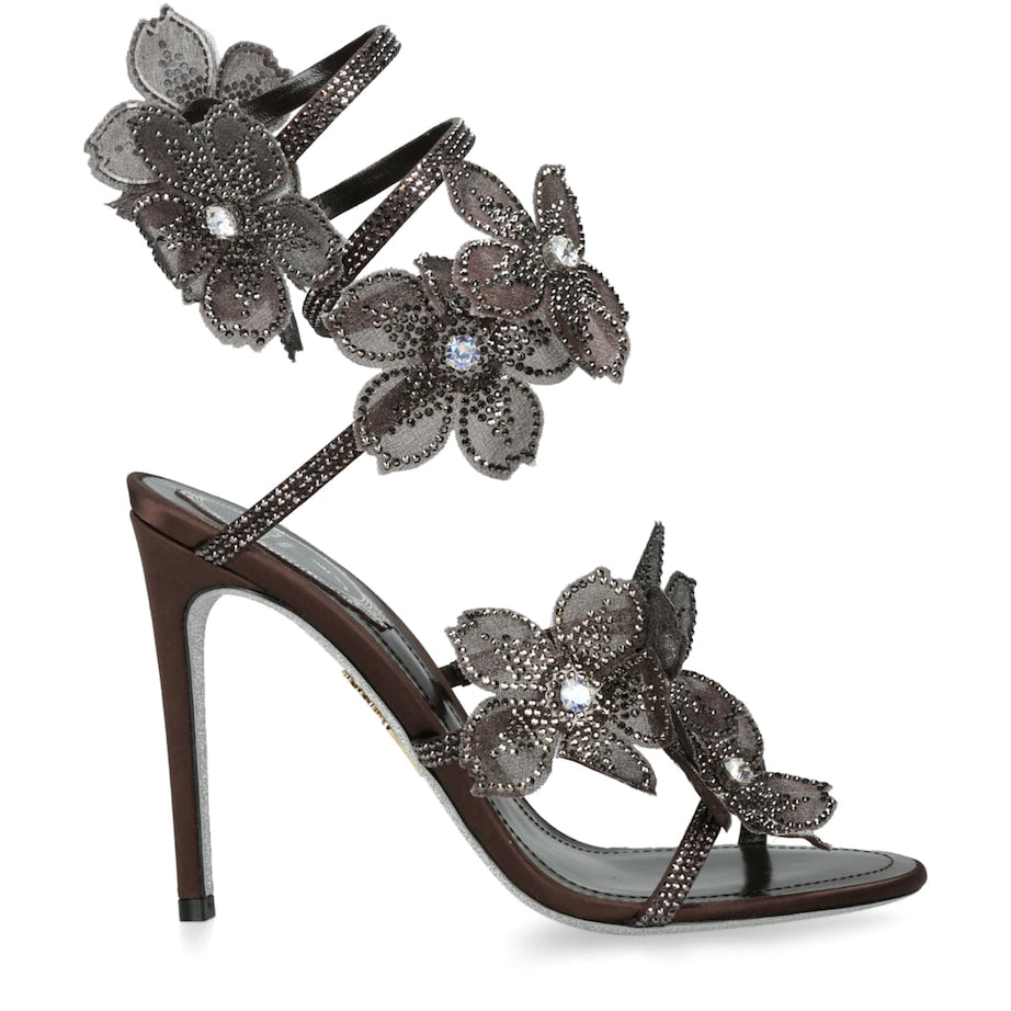 René Caovilla Brown Satin Floral Cleo Sandals 105