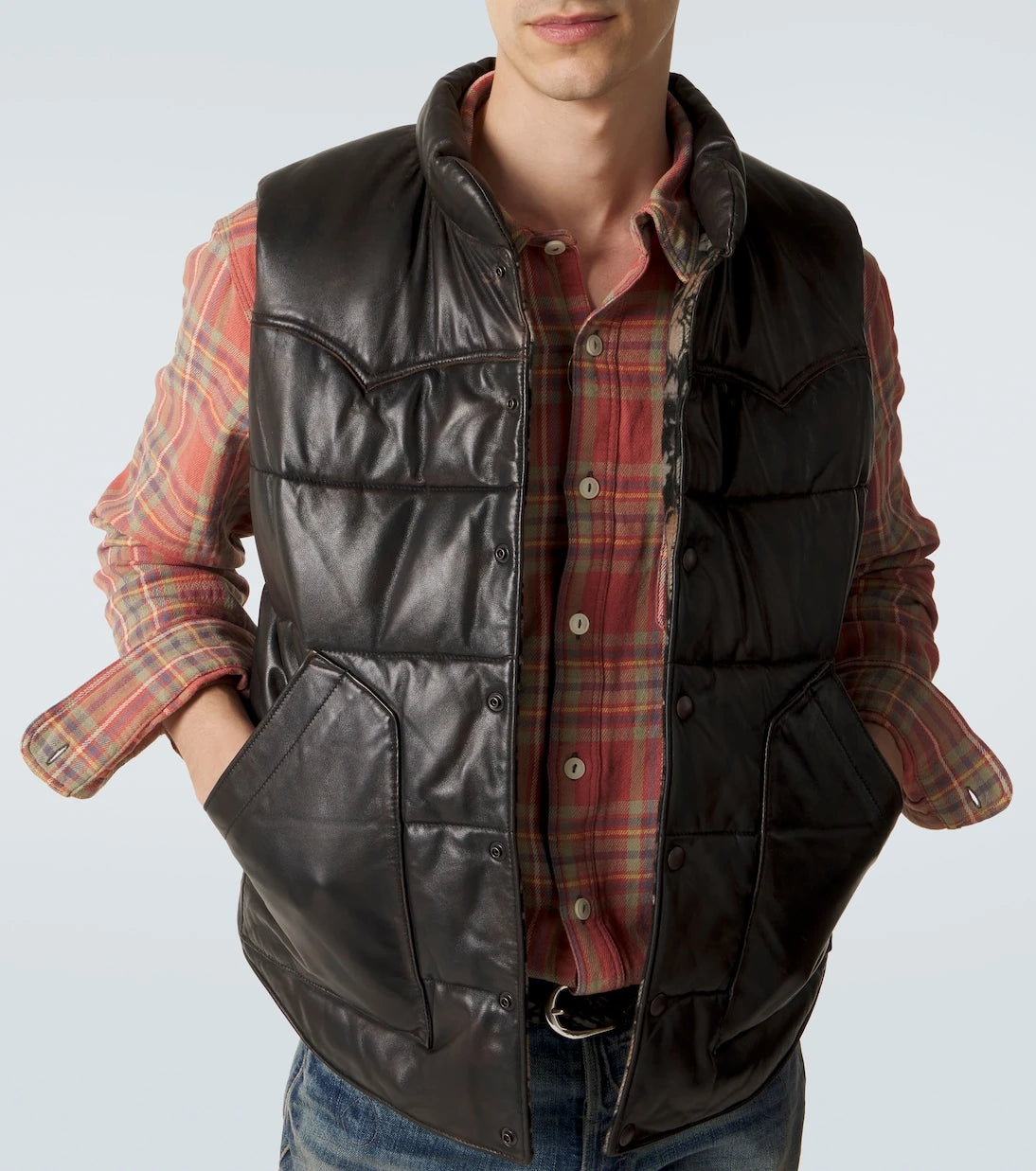 RRL - Reversible leather and cotton puffer vest