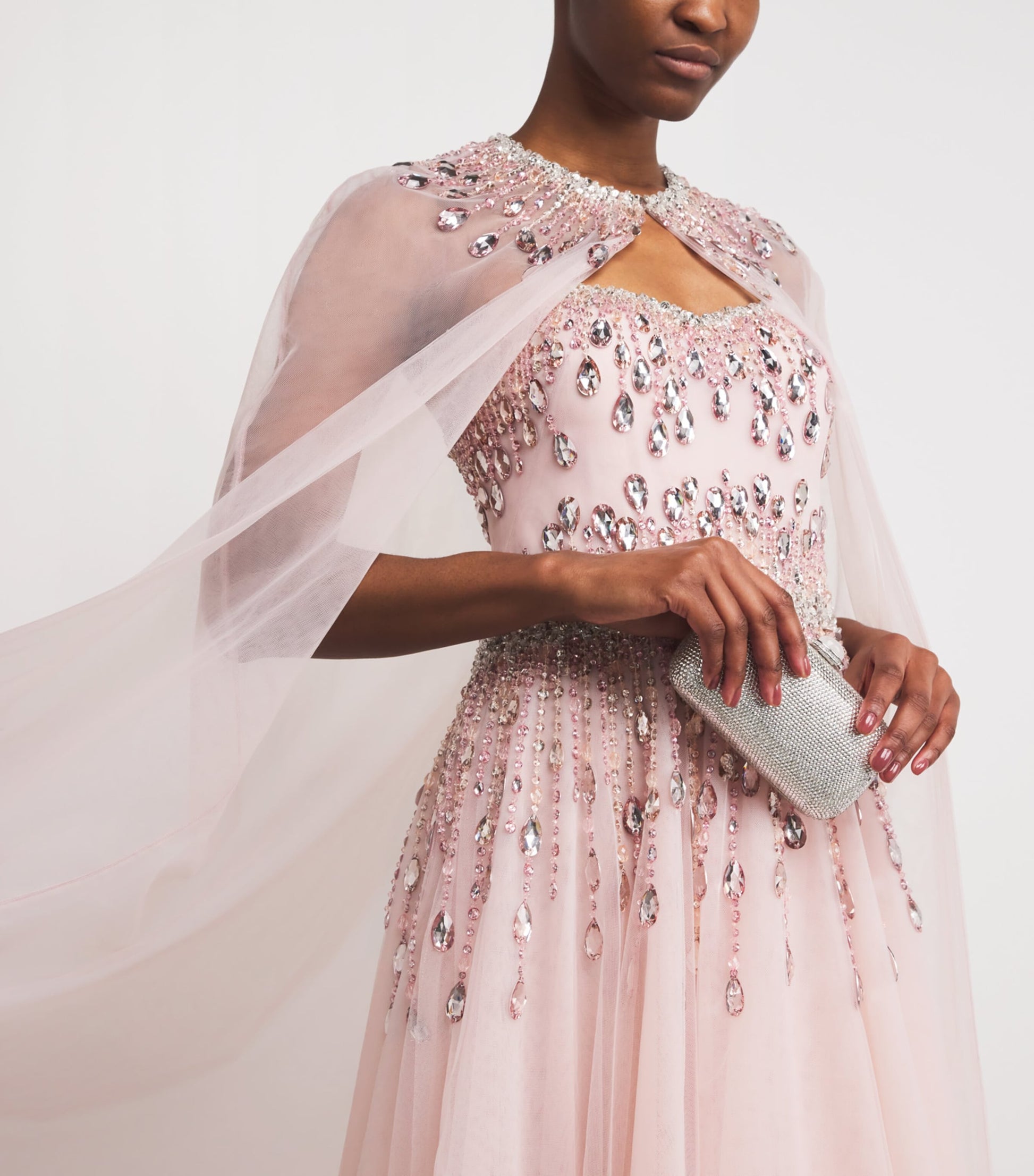 Pamella Roland Pink Tulle Embellished Cape-Detail Gown