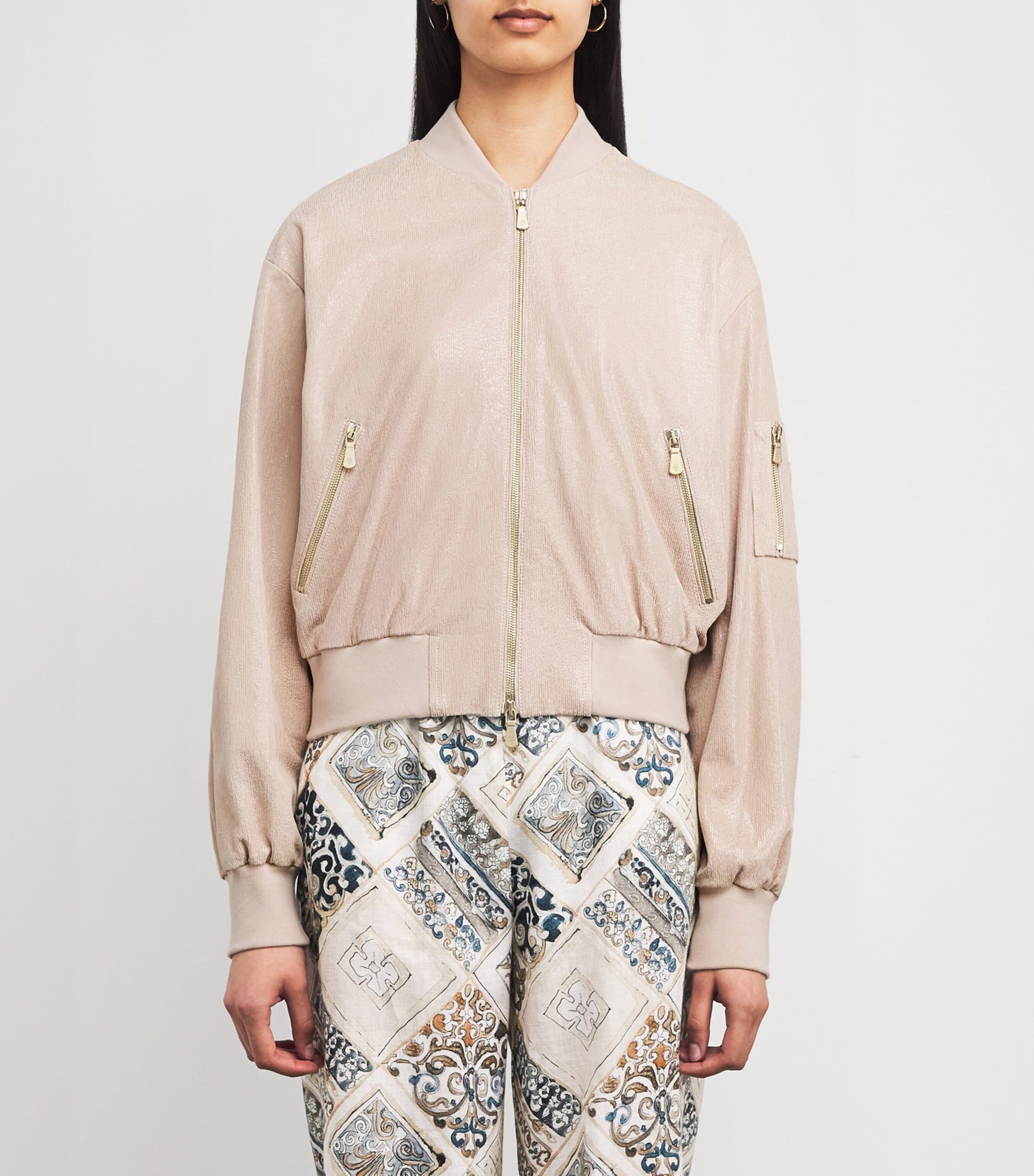 Eleventy Nude Metallic Suede Bomber Jacket
