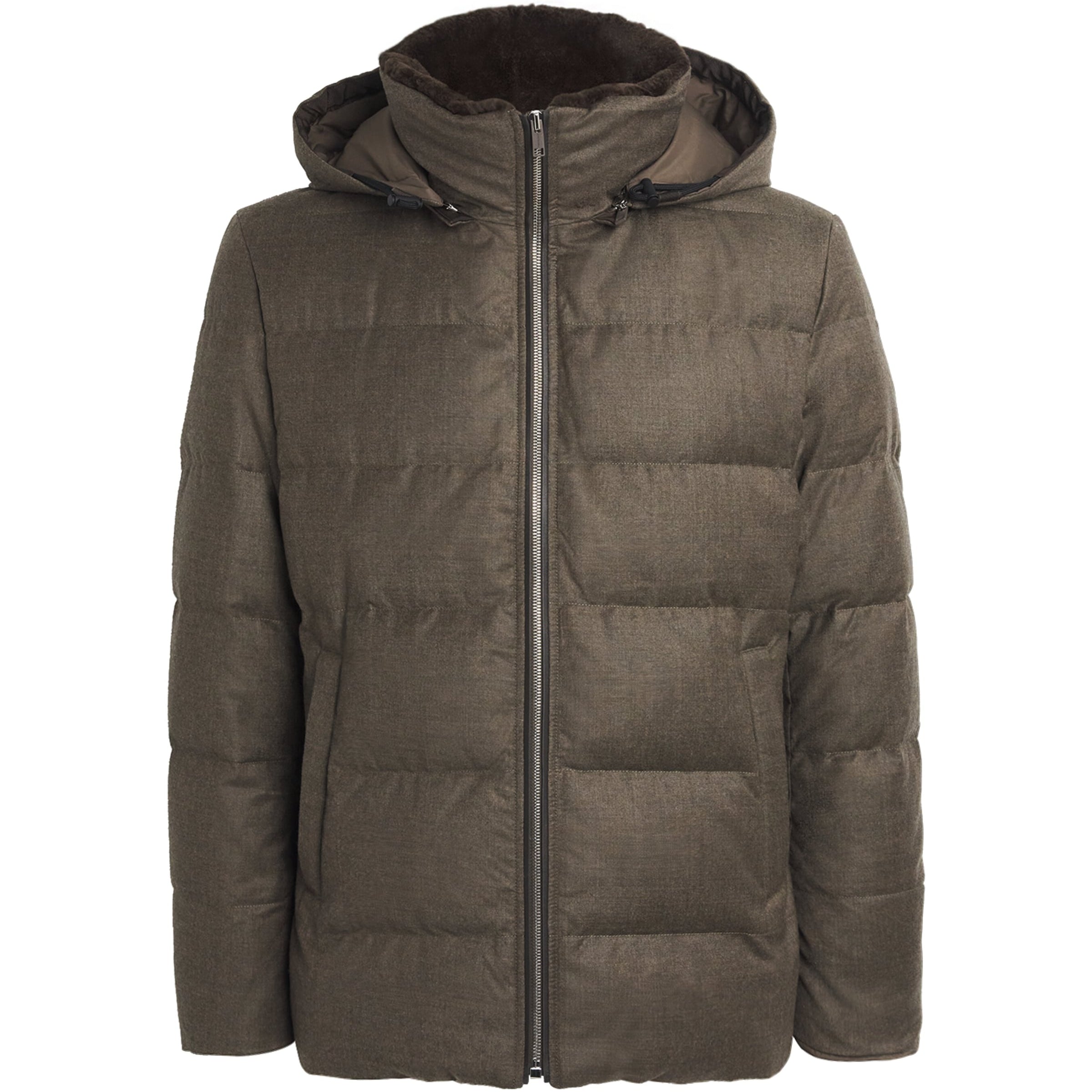 Brown Wool-Silk Green Storm System Mink-Trim Puffer Jacket