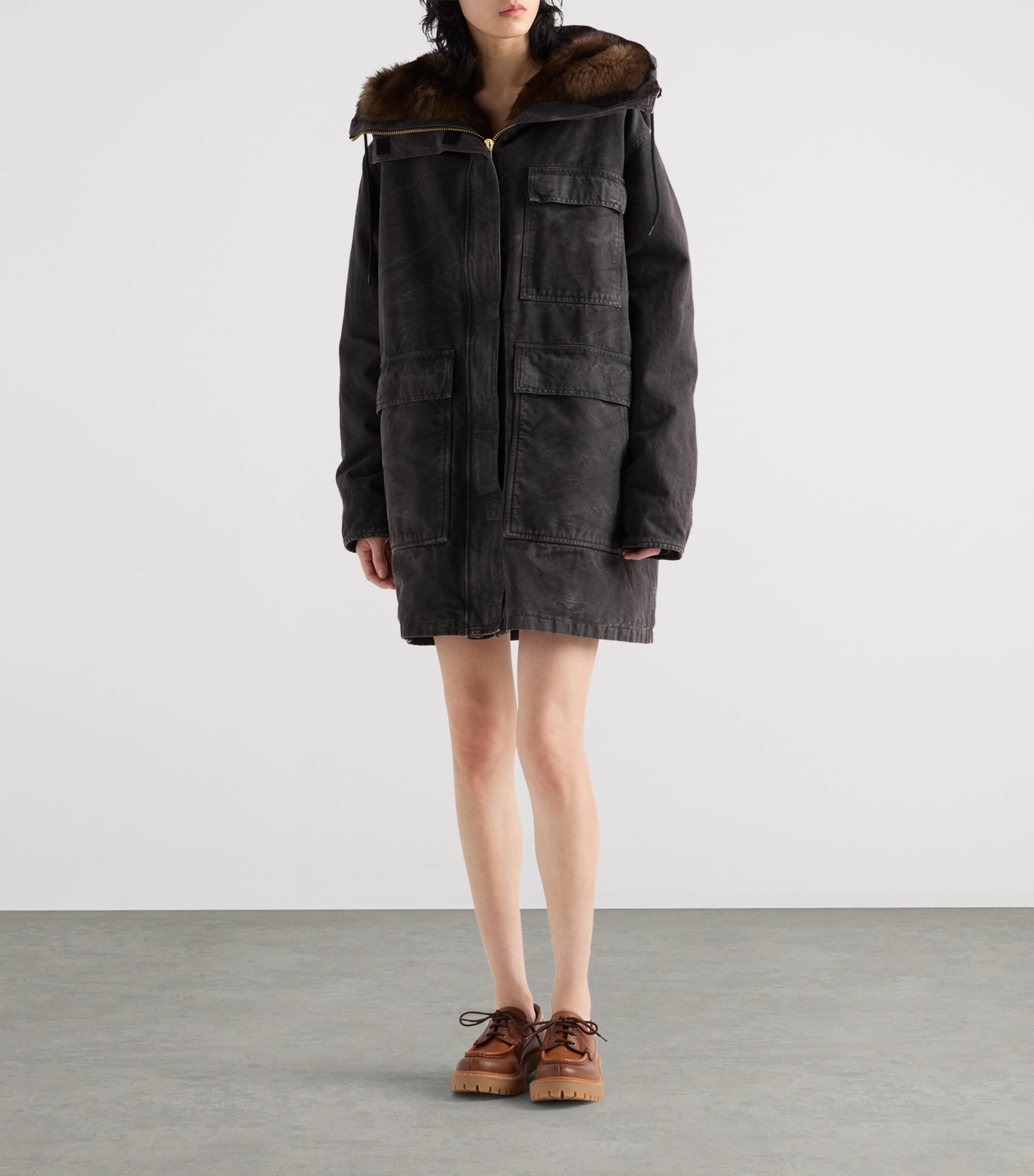 Prada Black Canvas Shearling-Hood Coat