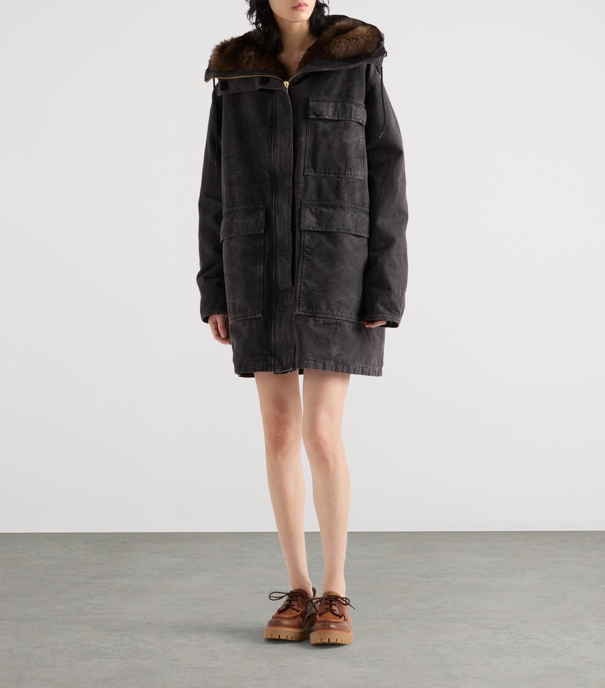 Prada Black Canvas Shearling-Hood Coat
