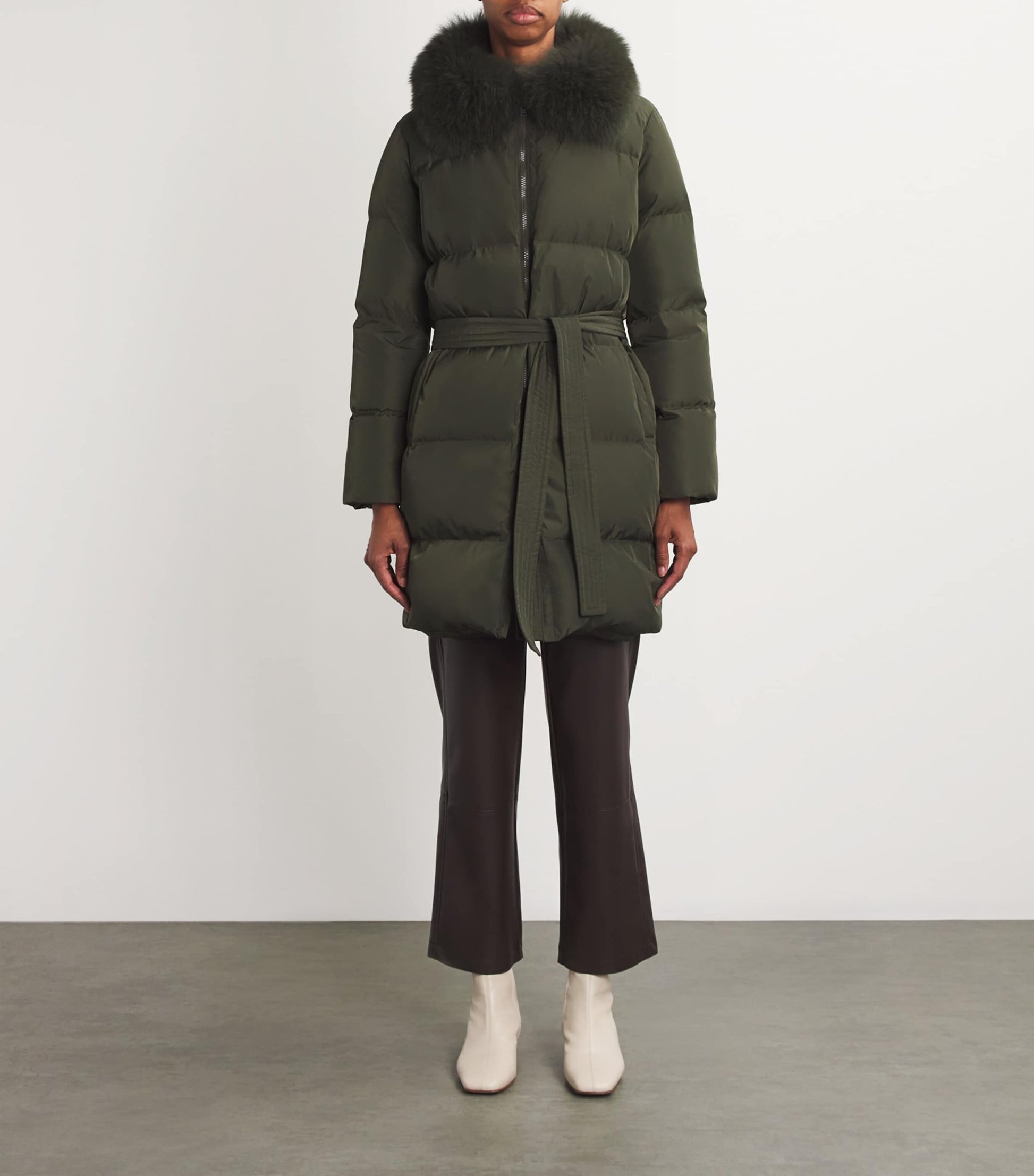 Yves Salomon Green Fur-Trim Down Coat with Mittens