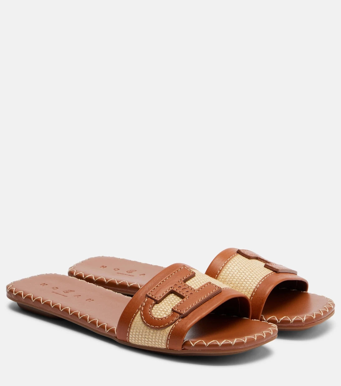Hogan - Leather-trimmed raffia slides