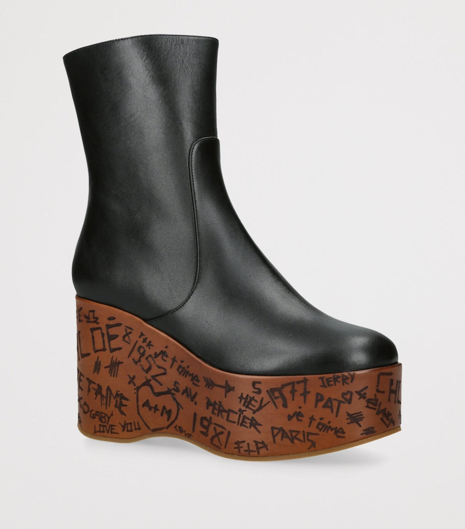Chloé Black Leather Maxime Wedge Ankle Boots 80