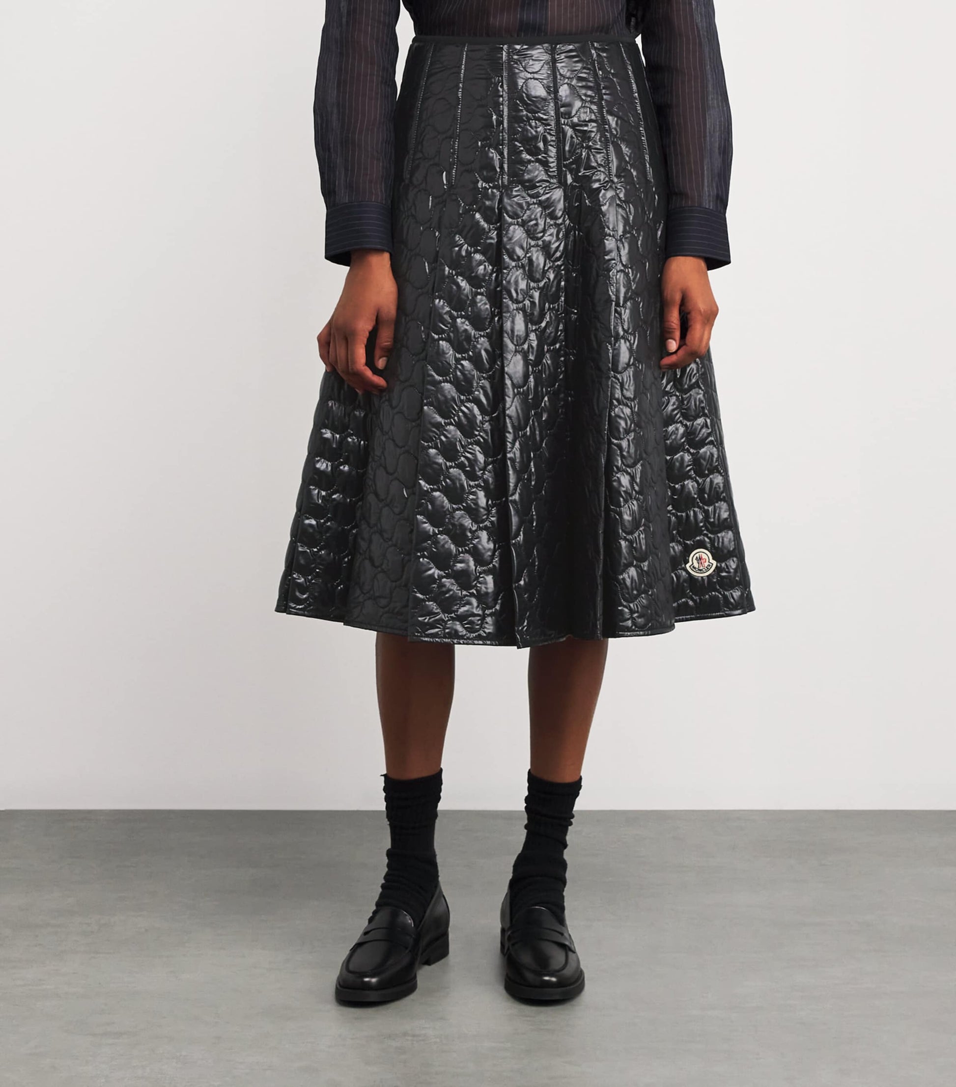 Black Microfiber Quilted Midi Skirt