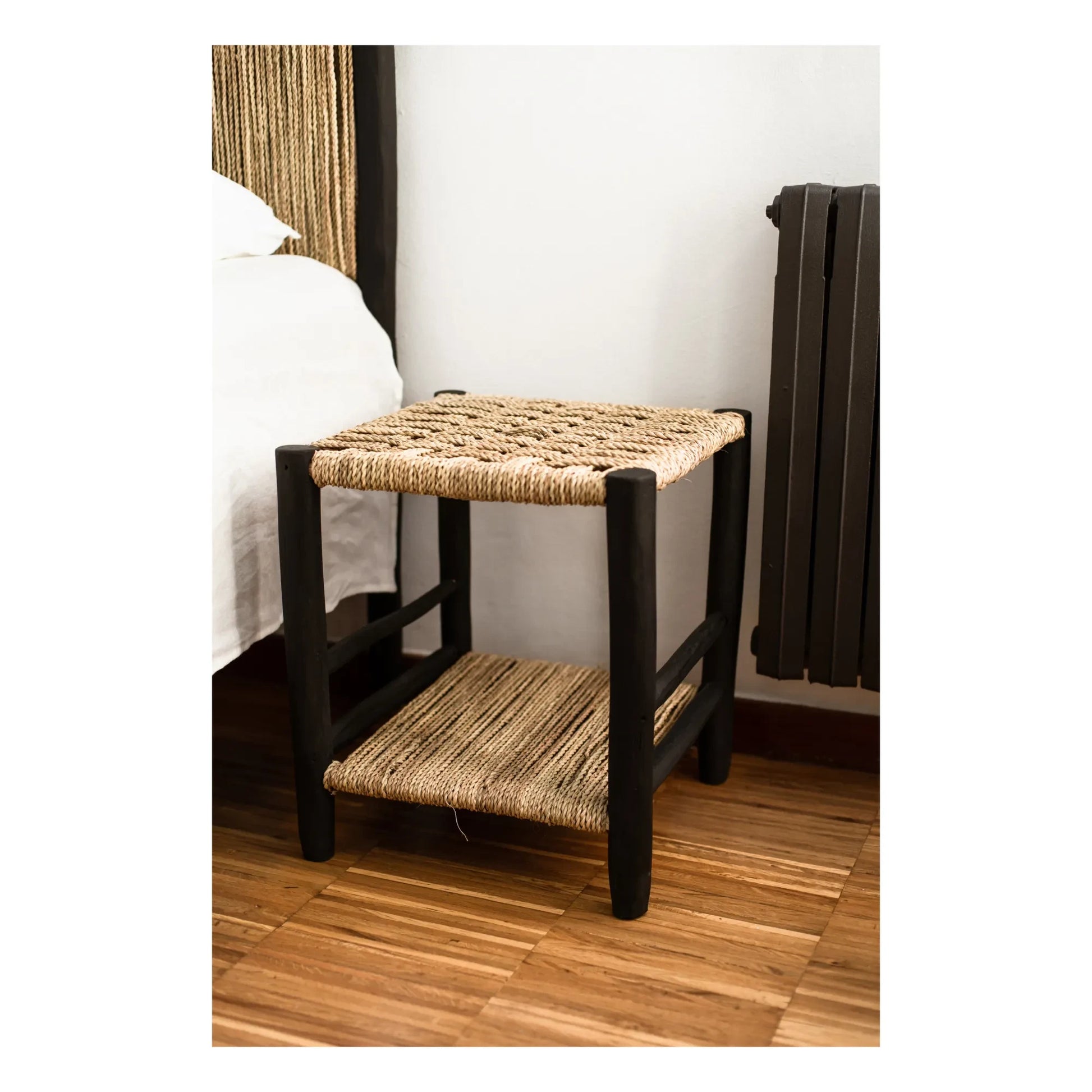 Cosydar - Palm Leaf and Painted Wood Bedside Table | Black