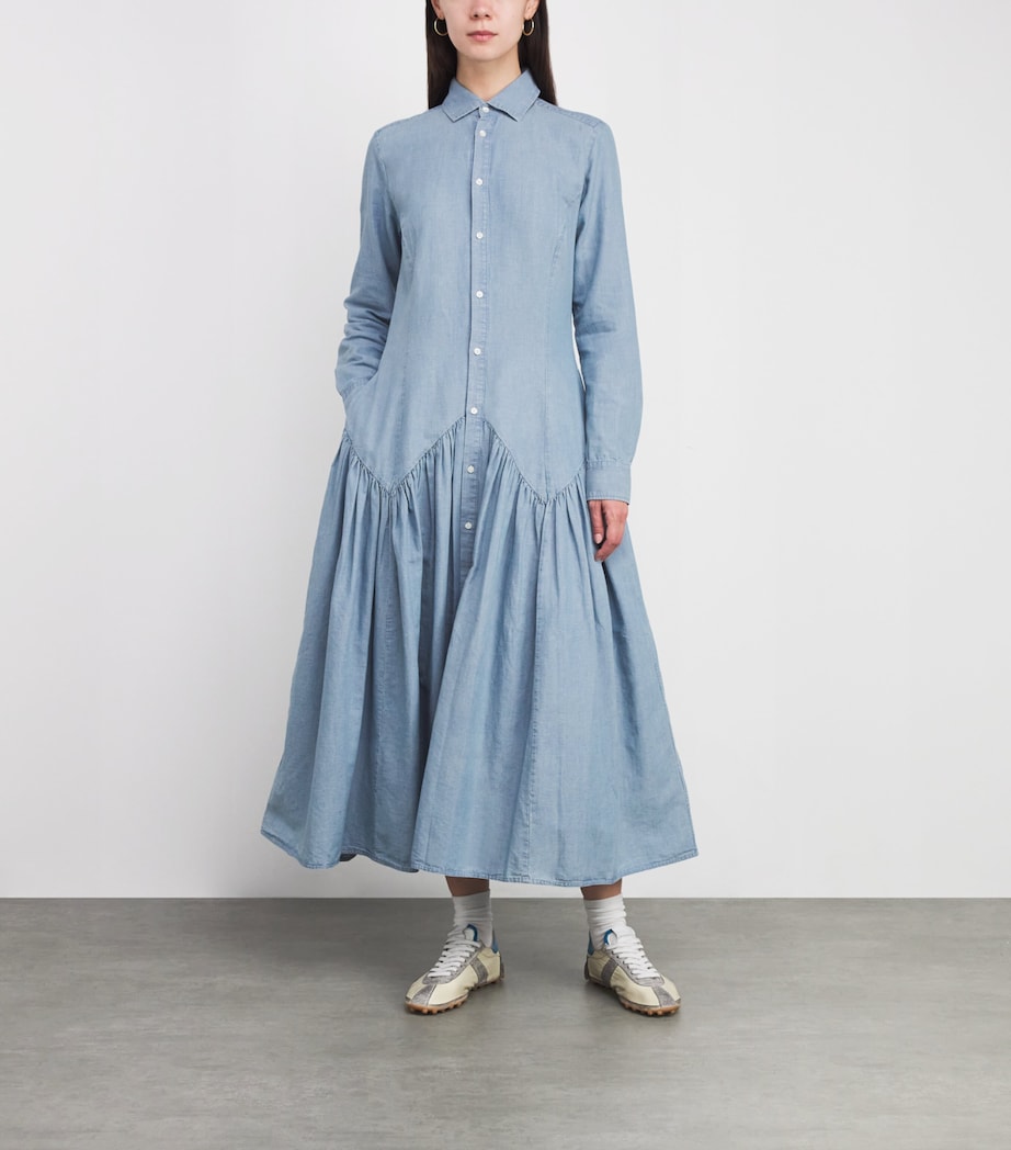 Blue Cotton-Linen Midi Shirt Dress