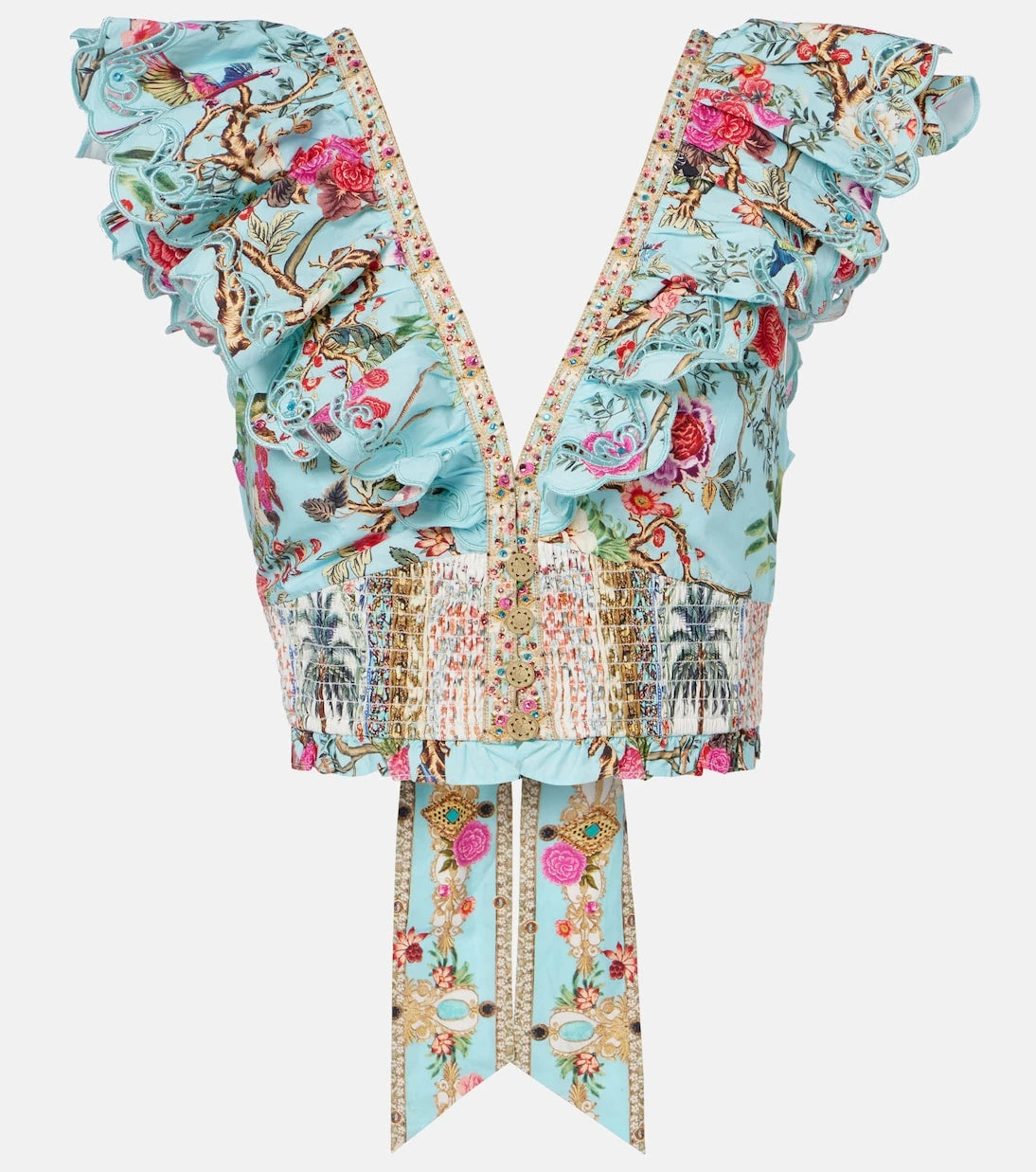 Camilla - Embellished floral cotton poplin crop top