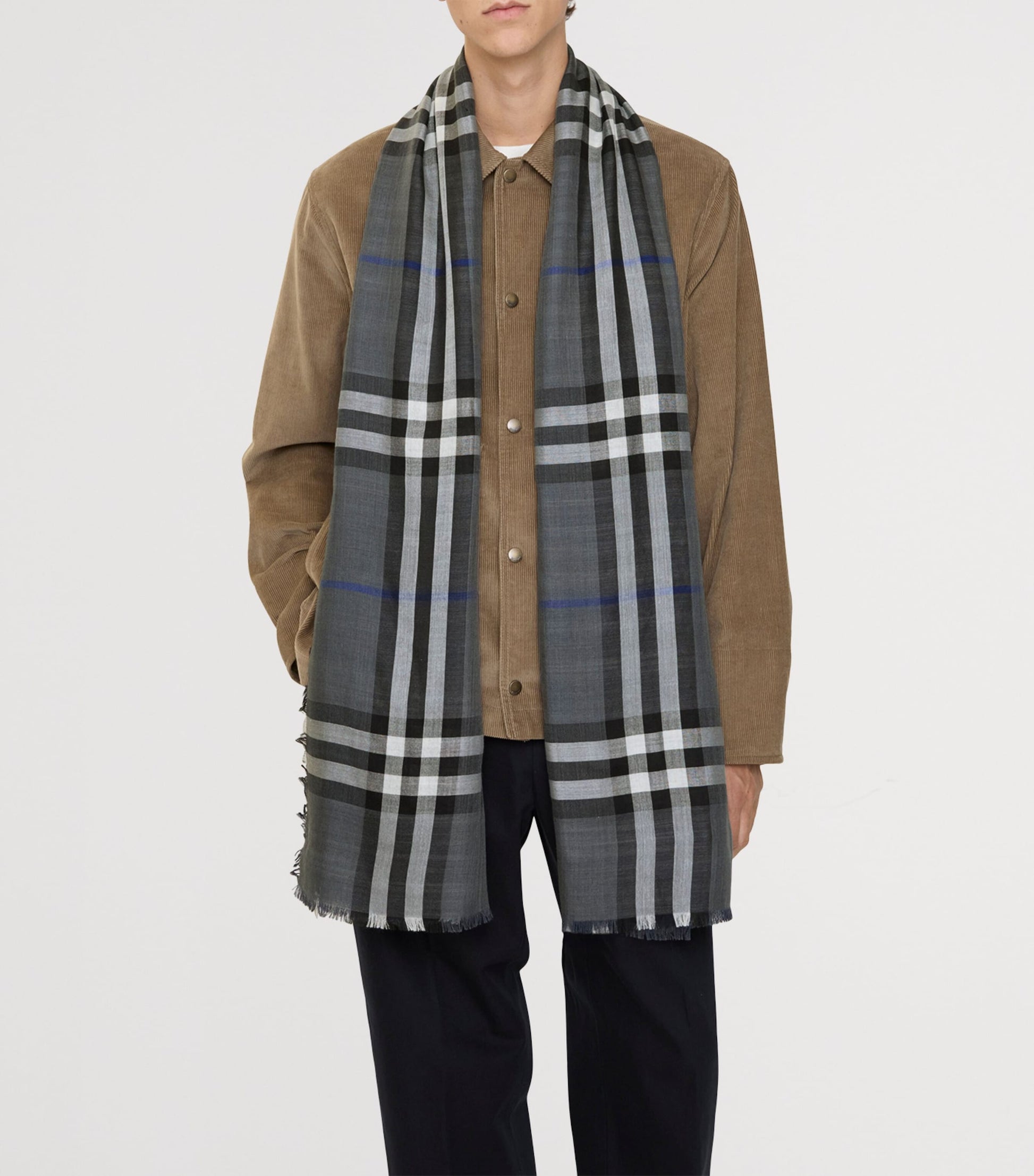 Grey Wool-Silk Reversible Check Scarf