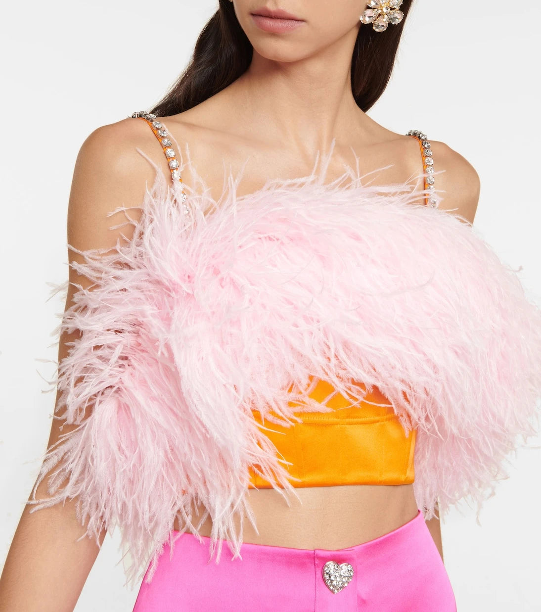 Self-Portrait - Feather-trimmed satin crop top