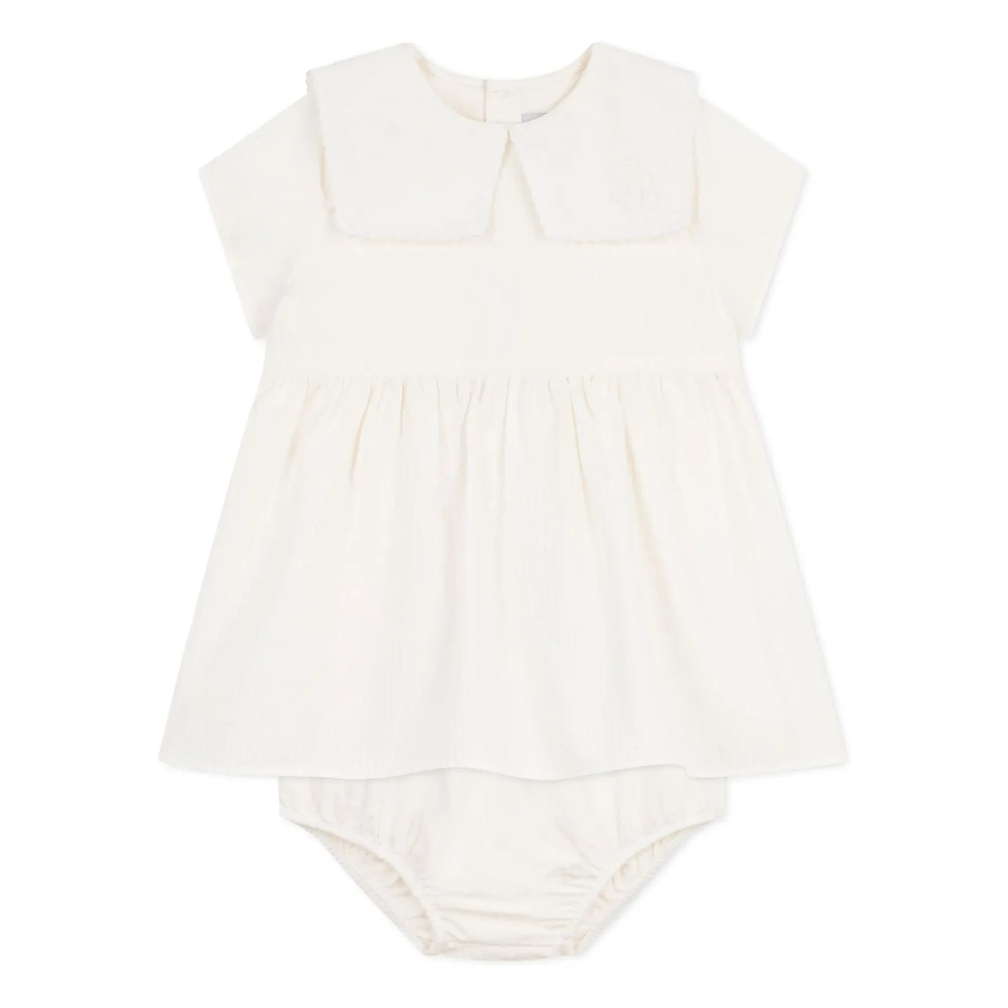 Petit Bateau - Sailor collar dress and bloomer set in linen and organic cotton | White