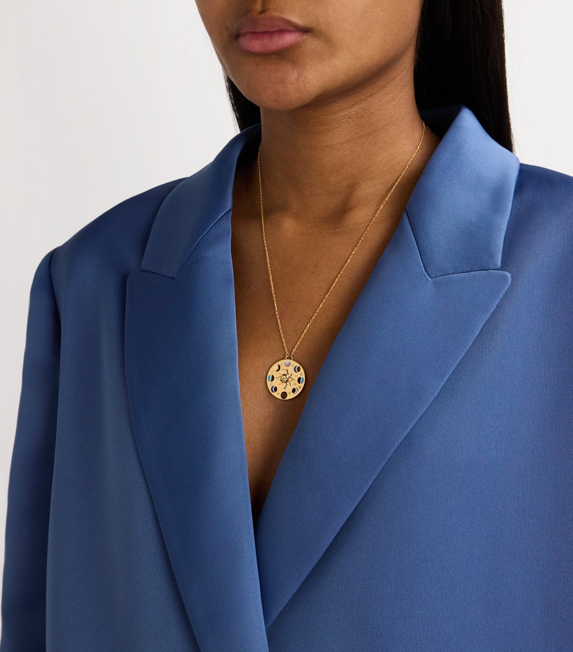 Yellow Gold, White Diamond, Lapis and Turquoise Moon Phase Necklace