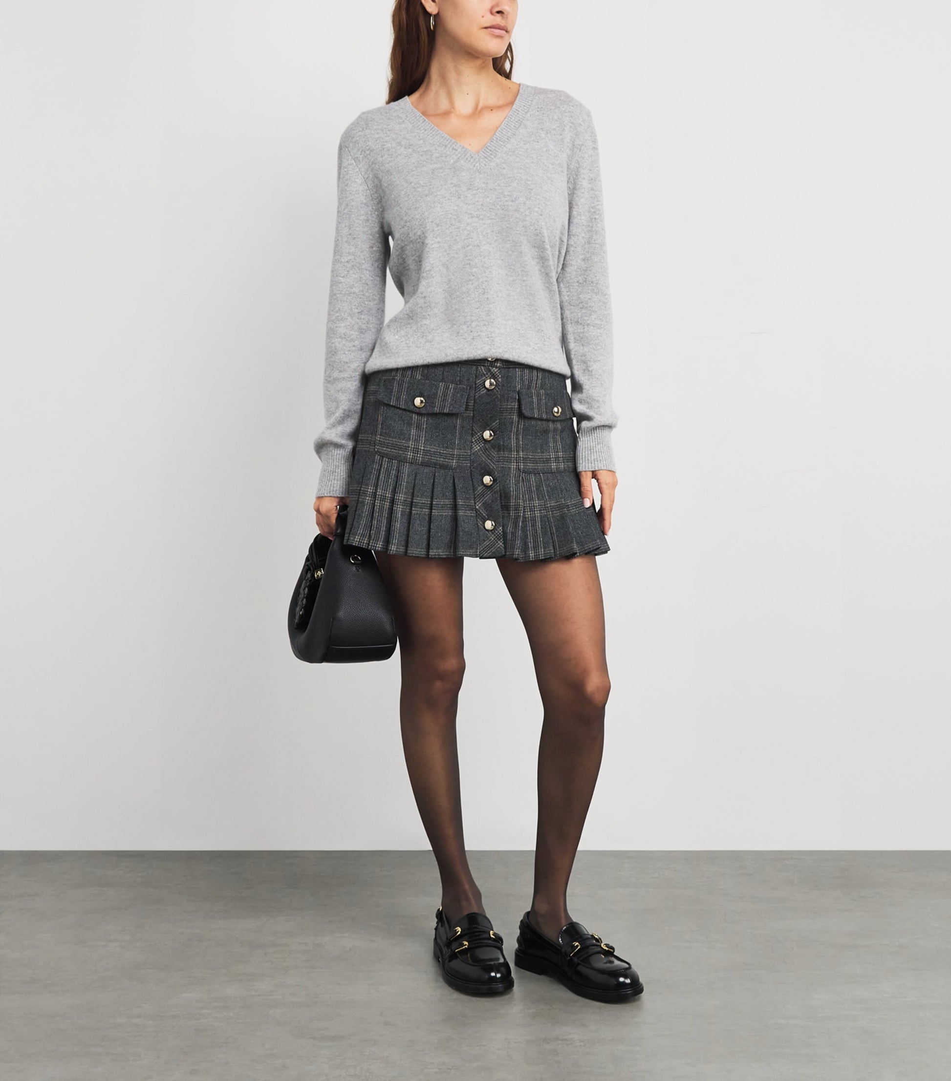 Maje Black Pleated Check Mini Skirt