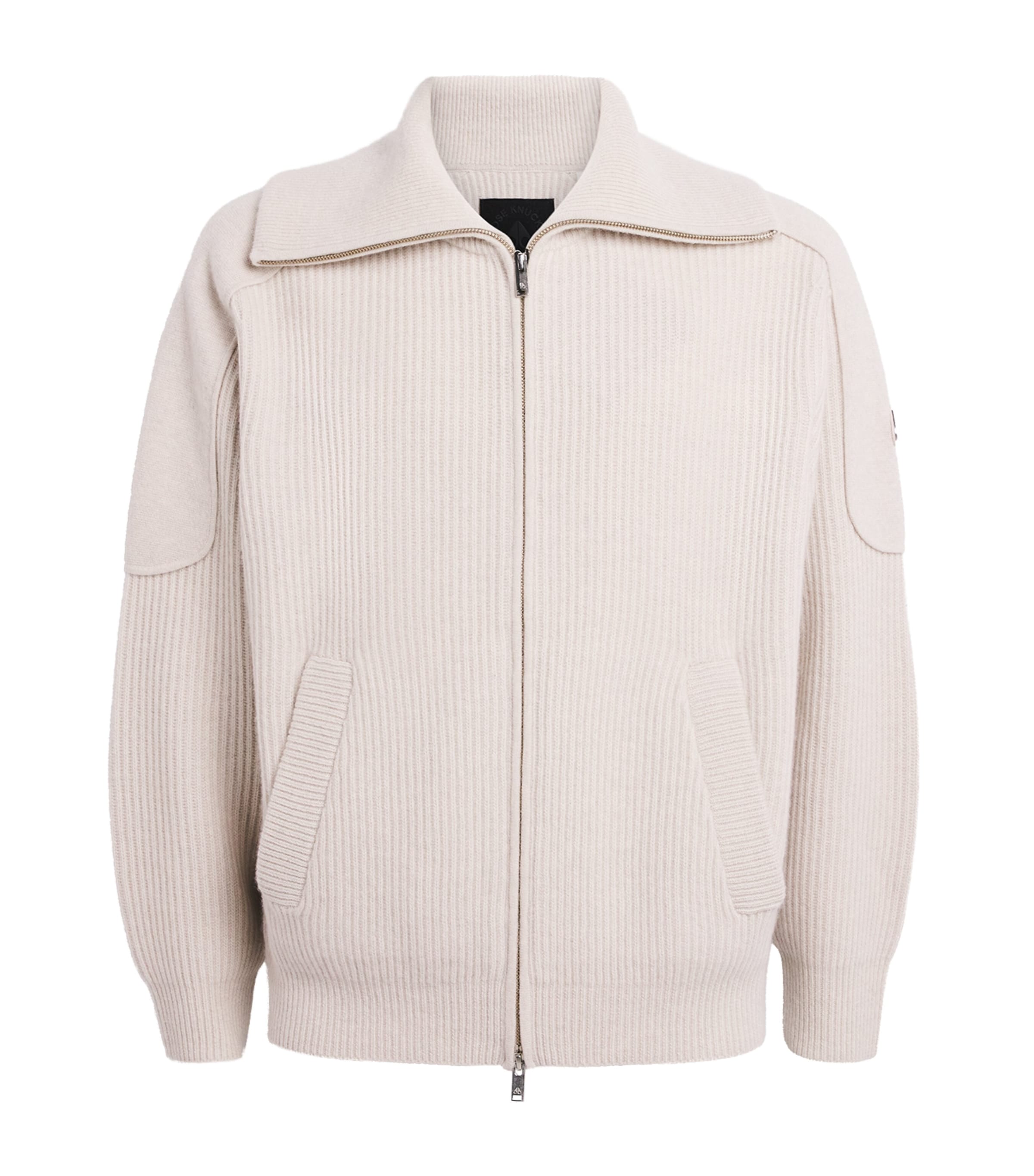 Moose Knuckles Beige Wool Ribbed Zip-Up Cardigan