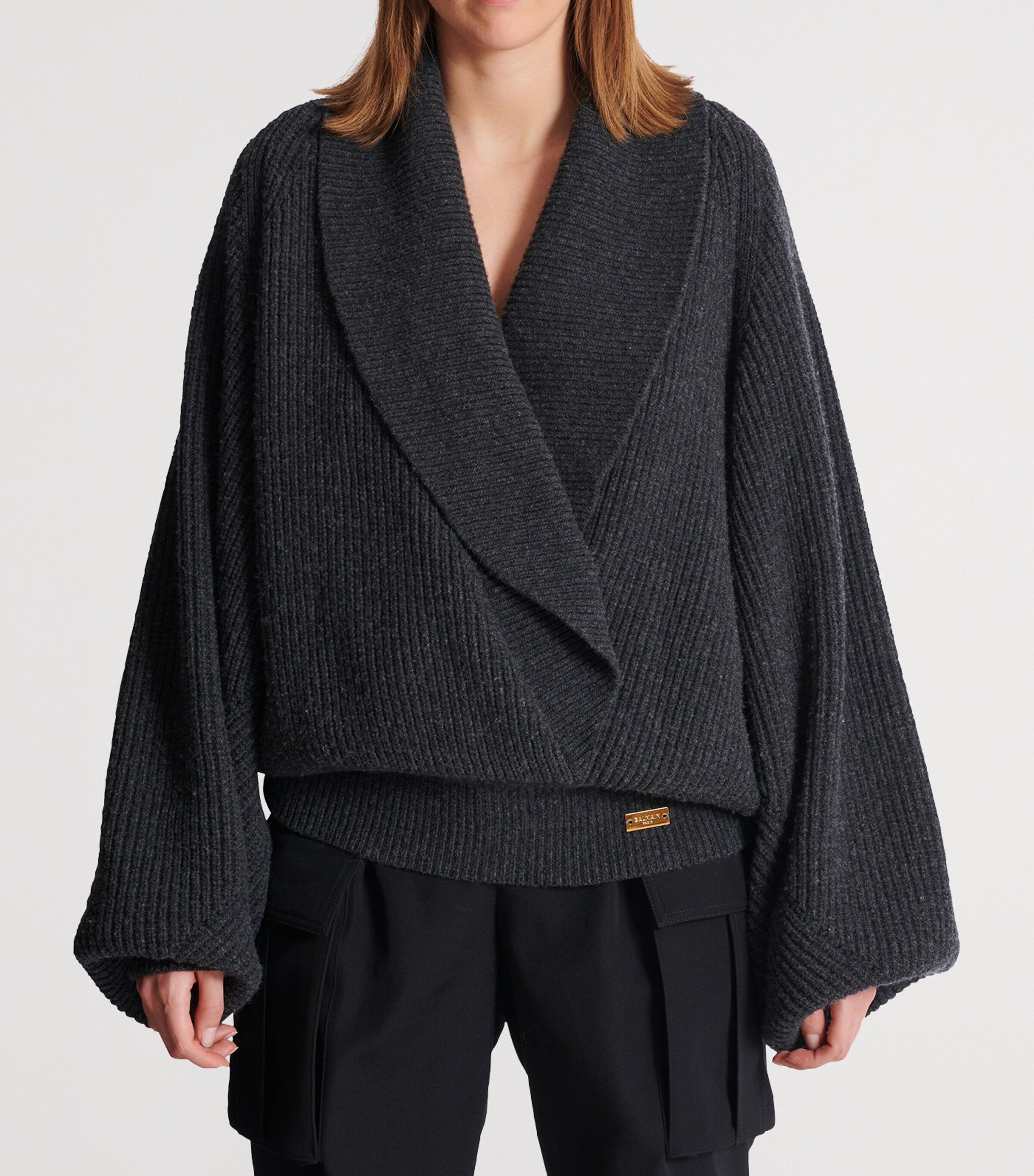 Balmain Grey Wool Oversized Wrap Sweater