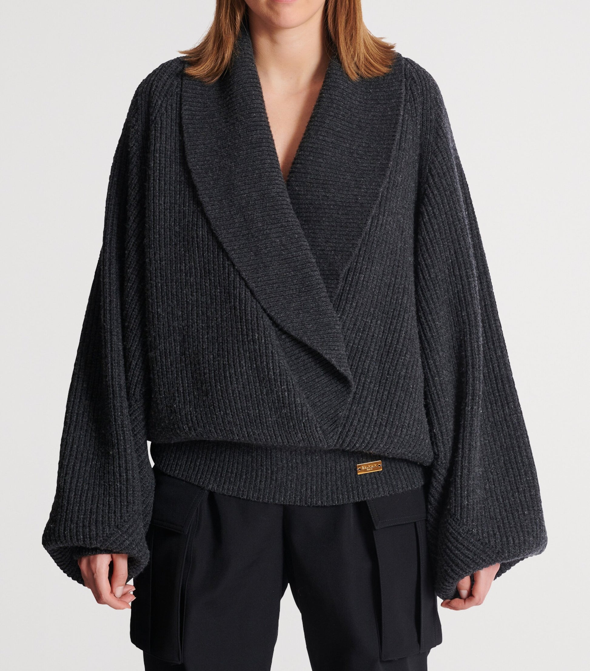 Balmain Grey Wool Oversized Wrap Sweater