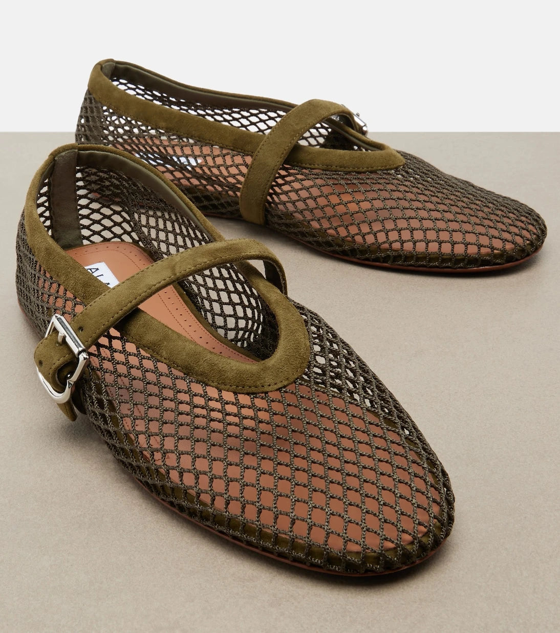 Alaïa - Fishnet suede-trimmed Mary Jane flats