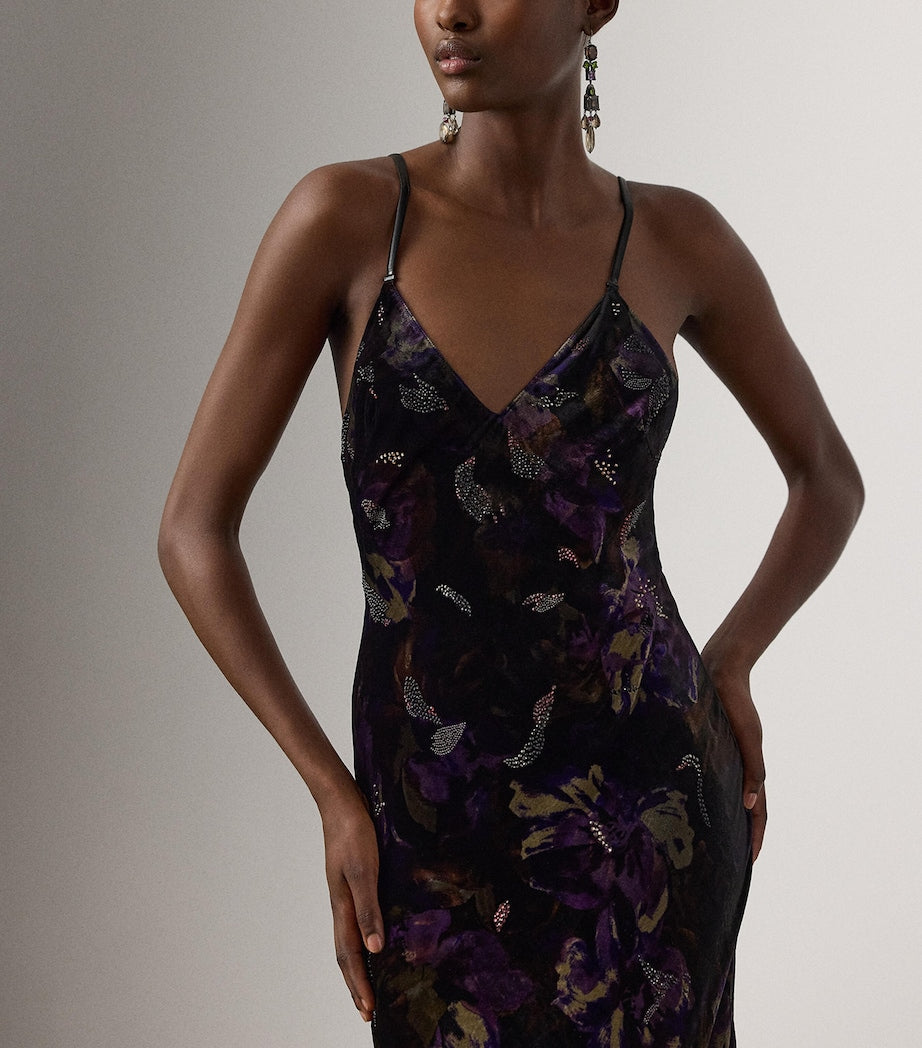 Black Velvet Embellished Floral Evening Dress