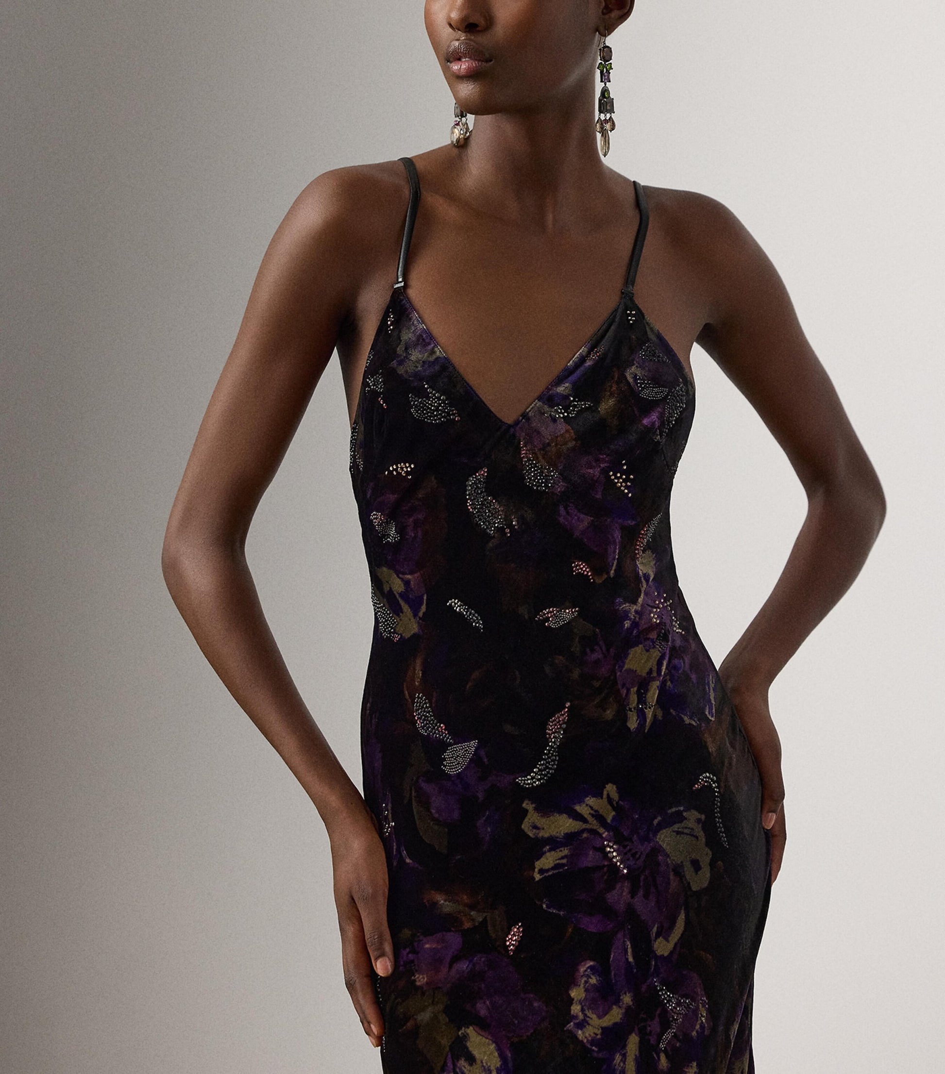 Ralph Lauren Collection Black Velvet Embellished Floral Evening Dress