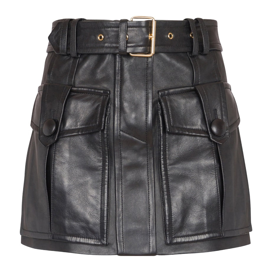 Black Lambskin Belted Mini Skirt