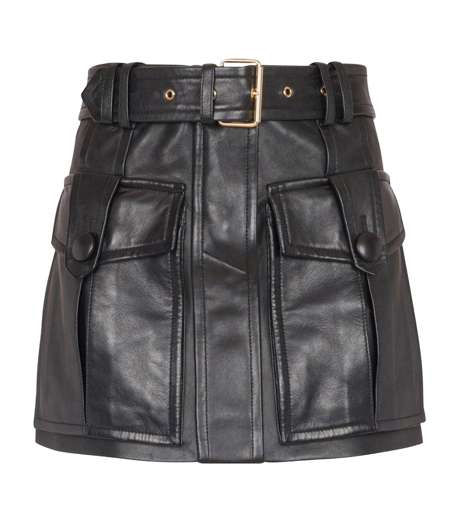 Black Lambskin Belted Mini Skirt