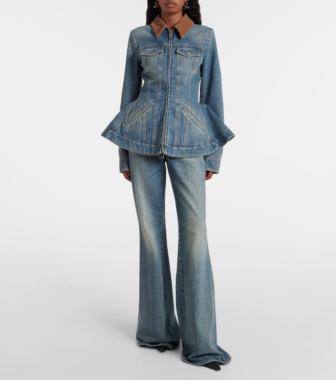 McQueen - Peplum corduroy-trimmed denim jacket