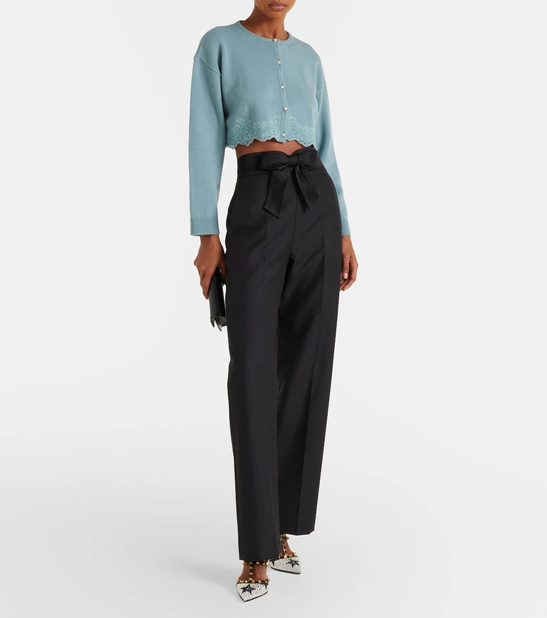 Valentino - Lace-trimmed cropped virgin wool cardigan