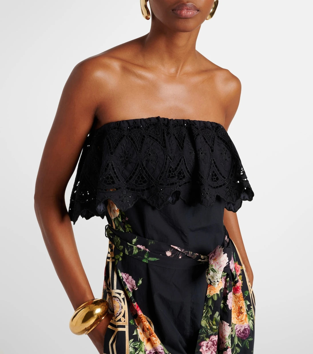 Camilla - Floral ruffled strapless cotton jumpsuit